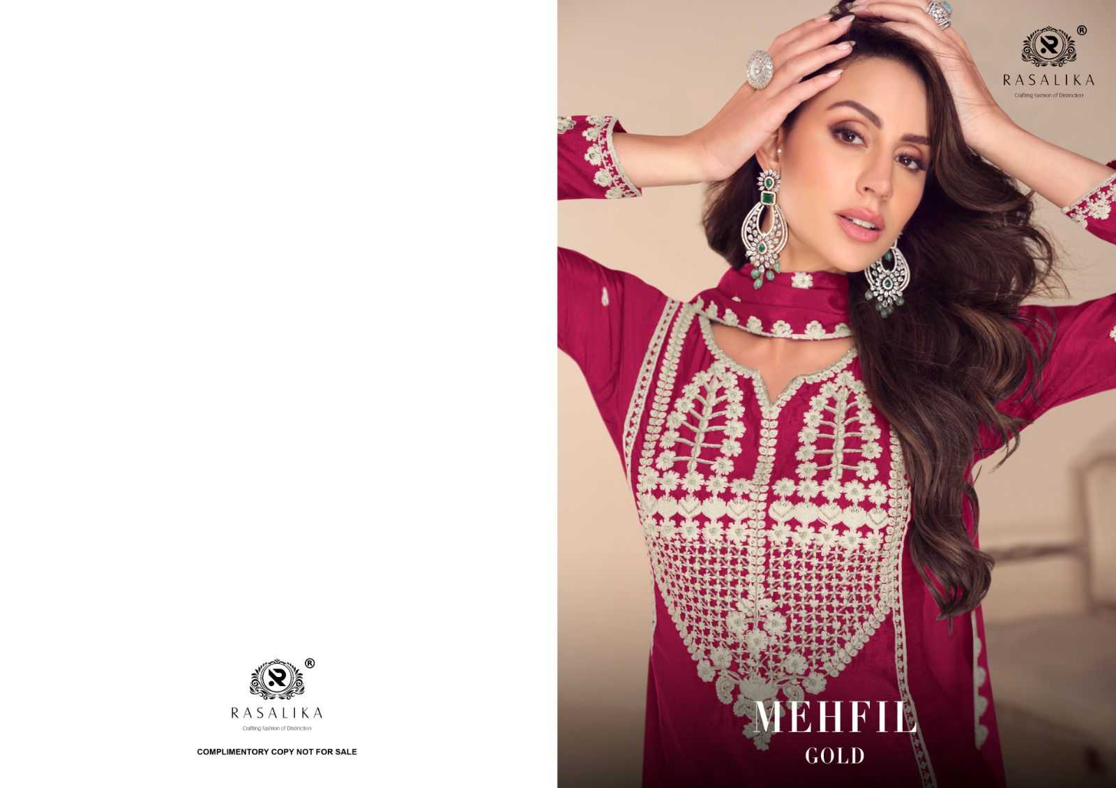Ynf Chinon Silk RIN184 RASALIKA-MEHFIL GOLD Suits & Dresses Wedding Collections Festive Collections Wholesale Embroidery Suits Ladies Silk Suit Handwork Suits Manufacturer