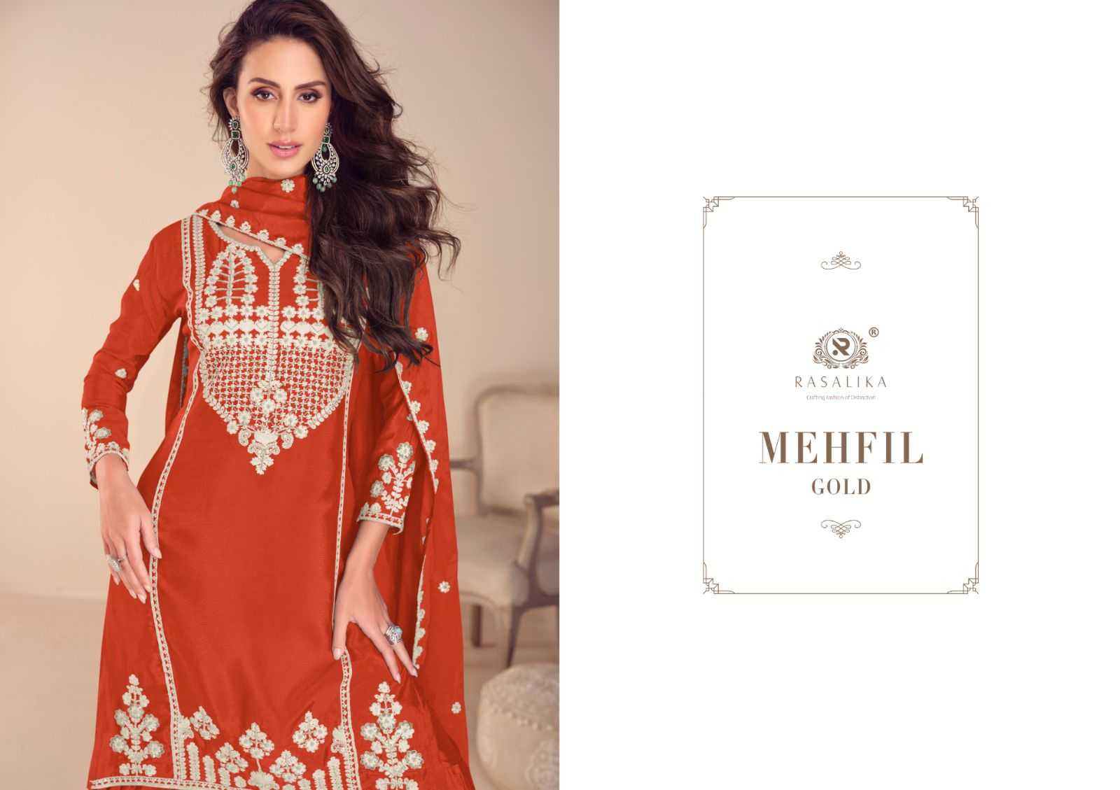 Ynf Chinon Silk RIN184 RASALIKA-MEHFIL GOLD Suits & Dresses Wedding Collections Festive Collections Wholesale Embroidery Suits Ladies Silk Suit Handwork Suits Manufacturer