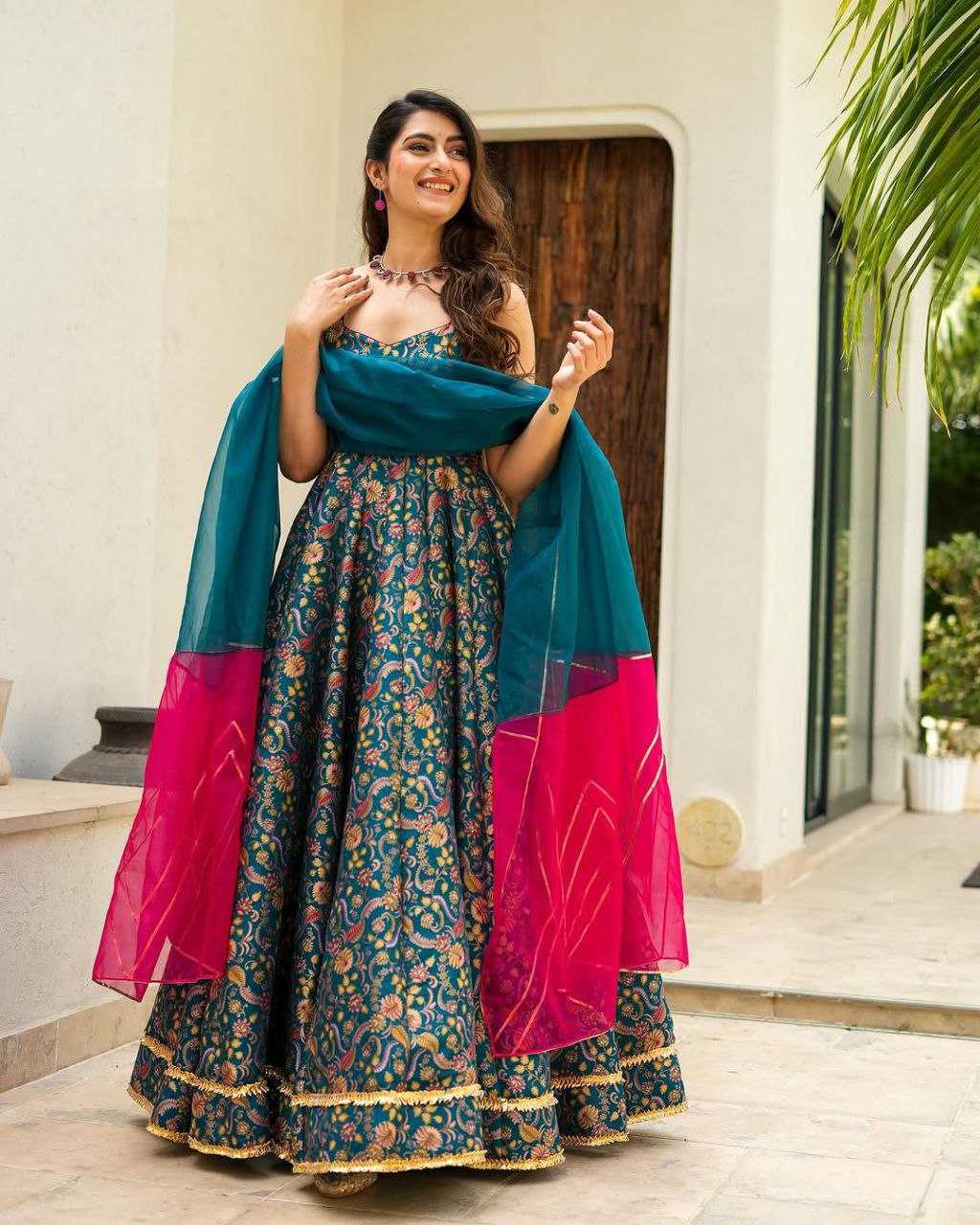 Ynf Organza KESH154 1147 Gowns Wholesale Printed Gowns Anarkali Gown Long Gowns Sleeveless Gowns Manufacturer