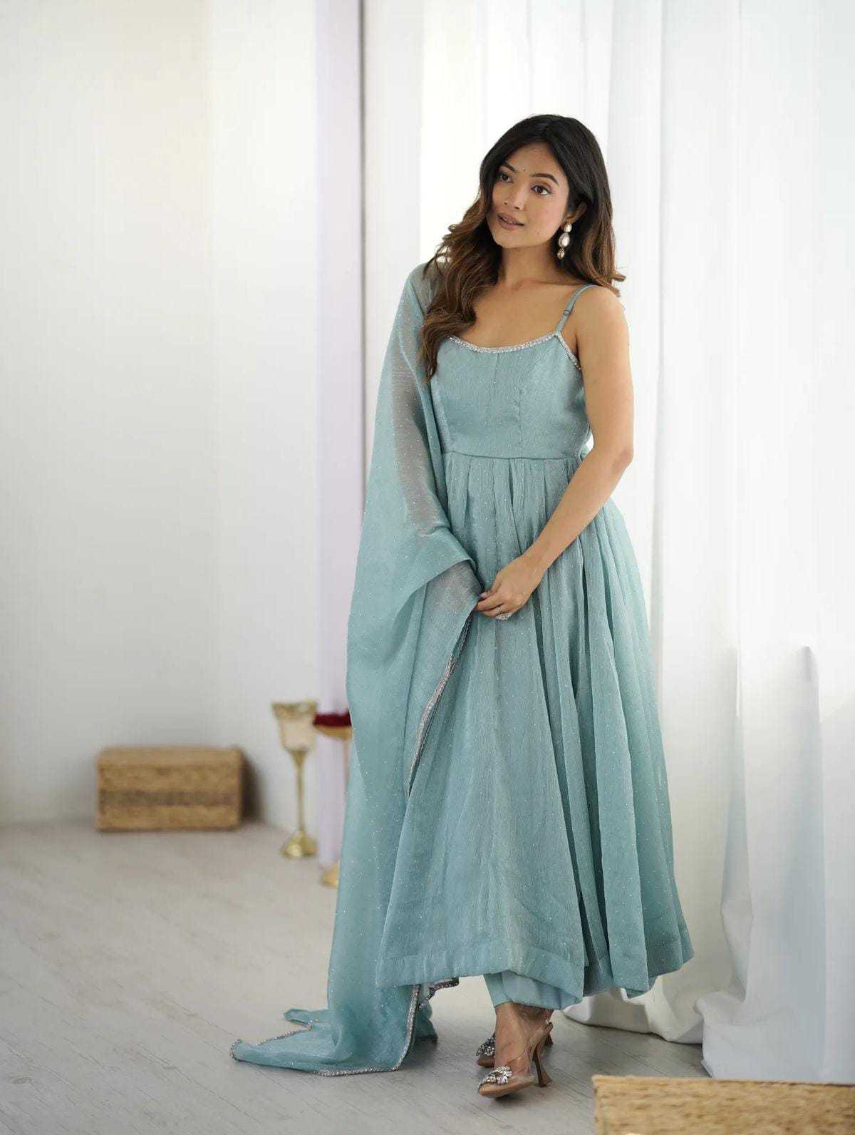 Ynf Burberry Silk RIN157 3192 Gowns Wedding Collections Festive Collections Wholesale Designer Gowns Silk Gowns Blue Gown Manufacturer