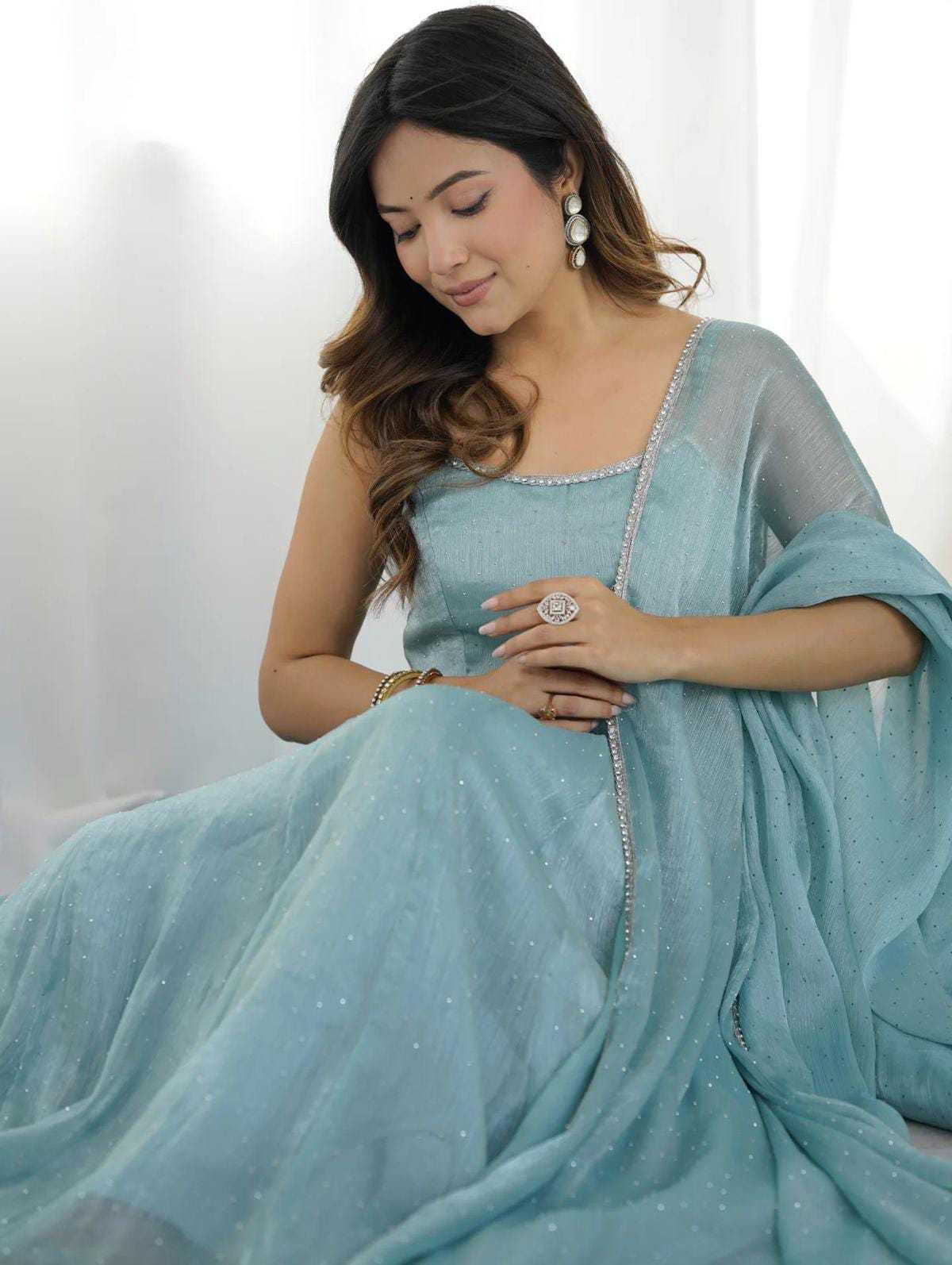 Ynf Burberry Silk RIN157 3192 Gowns Wedding Collections Festive Collections Wholesale Designer Gowns Silk Gowns Blue Gown Manufacturer