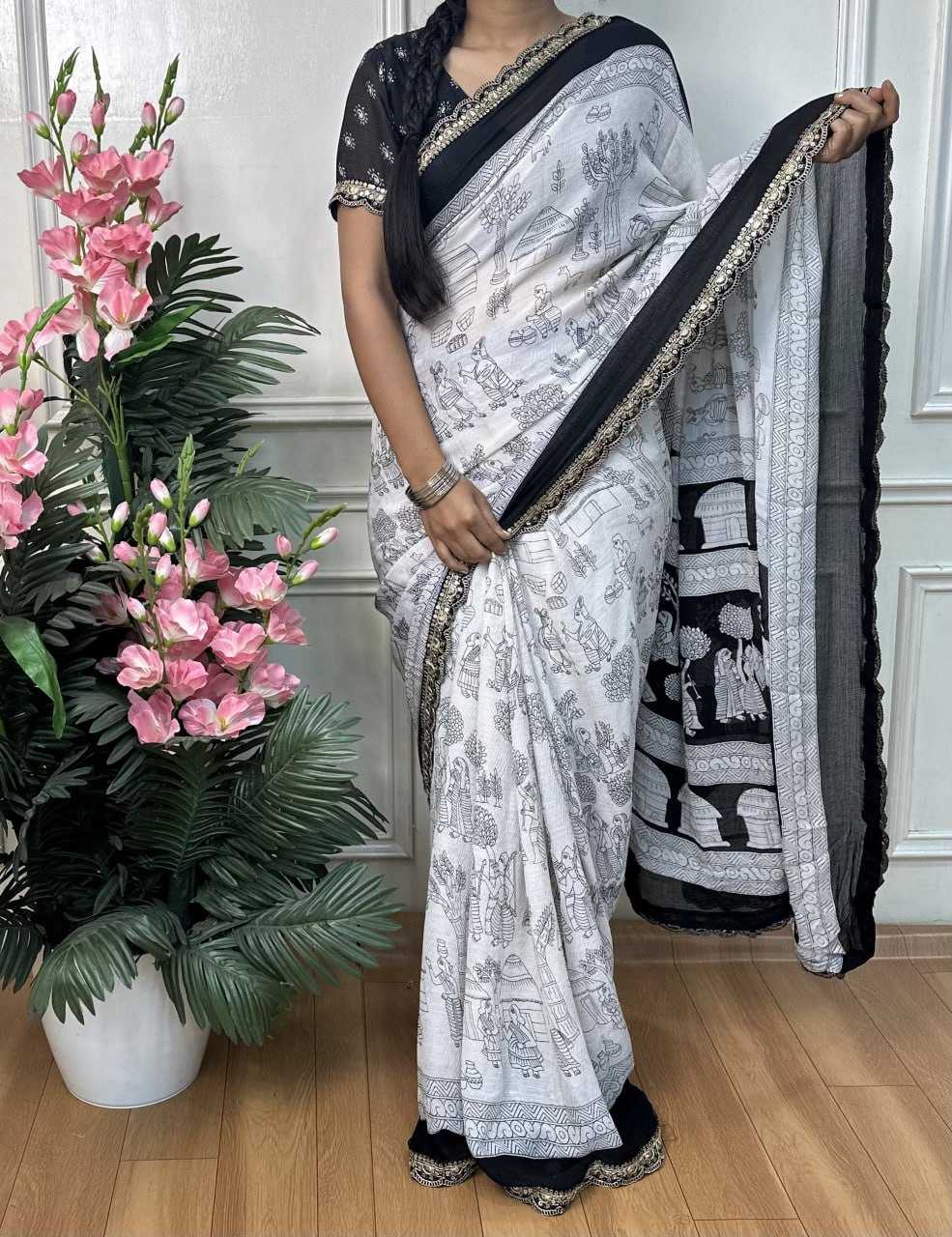 Ynf Chiffon RIN218 Black & white Sarees Wholesale Printed Sarees Ladies Sarees Cotton Sarees Manufacturer