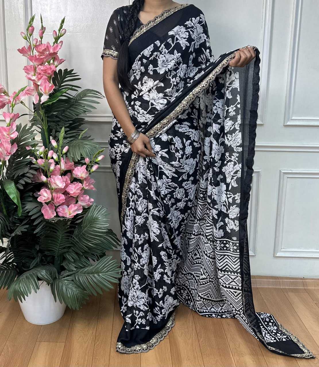 Ynf Chiffon RIN218 Black & white Sarees Wholesale Printed Sarees Ladies Sarees Cotton Sarees Manufacturer