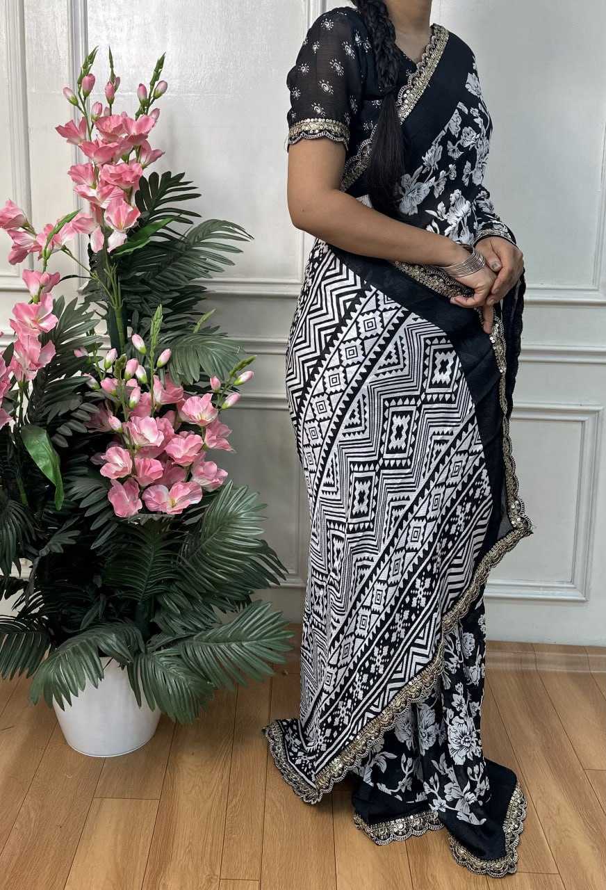 Ynf Chiffon RIN218 Black & white Sarees Wholesale Printed Sarees Ladies Sarees Cotton Sarees Manufacturer