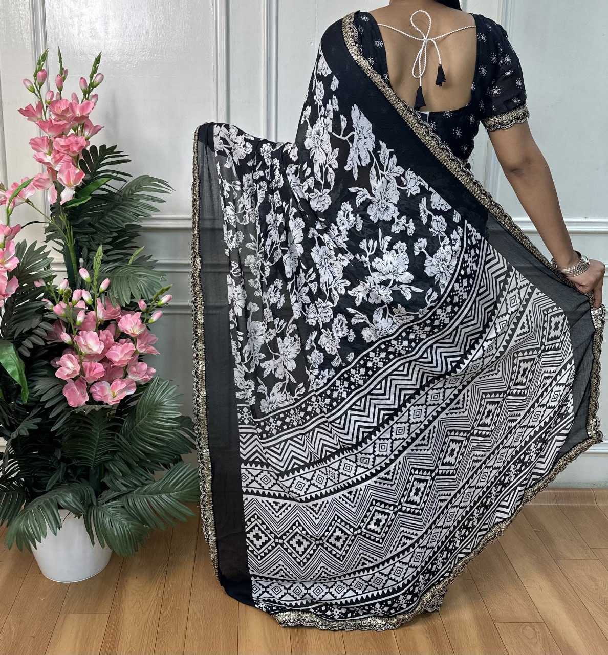 Ynf Chiffon RIN218 Black & white Sarees Wholesale Printed Sarees Ladies Sarees Cotton Sarees Manufacturer