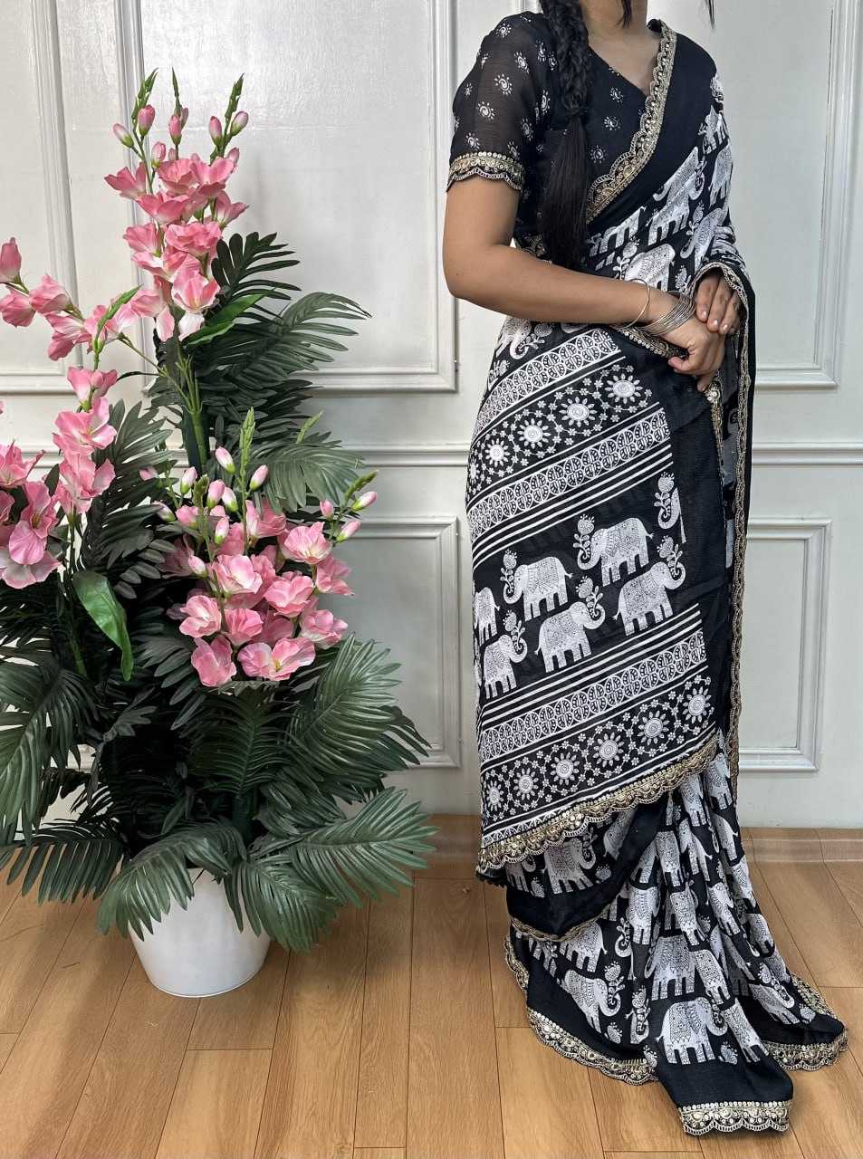 Ynf Chiffon RIN218 Black & white Sarees Wholesale Printed Sarees Ladies Sarees Cotton Sarees Manufacturer