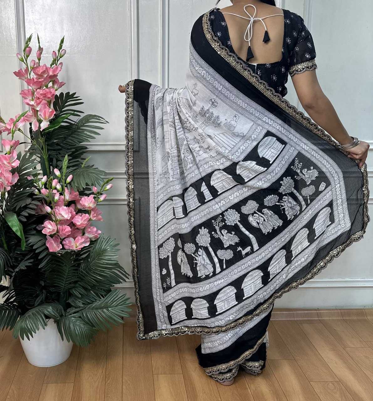 Ynf Chiffon RIN218 Black & white Sarees Wholesale Printed Sarees Ladies Sarees Cotton Sarees Manufacturer