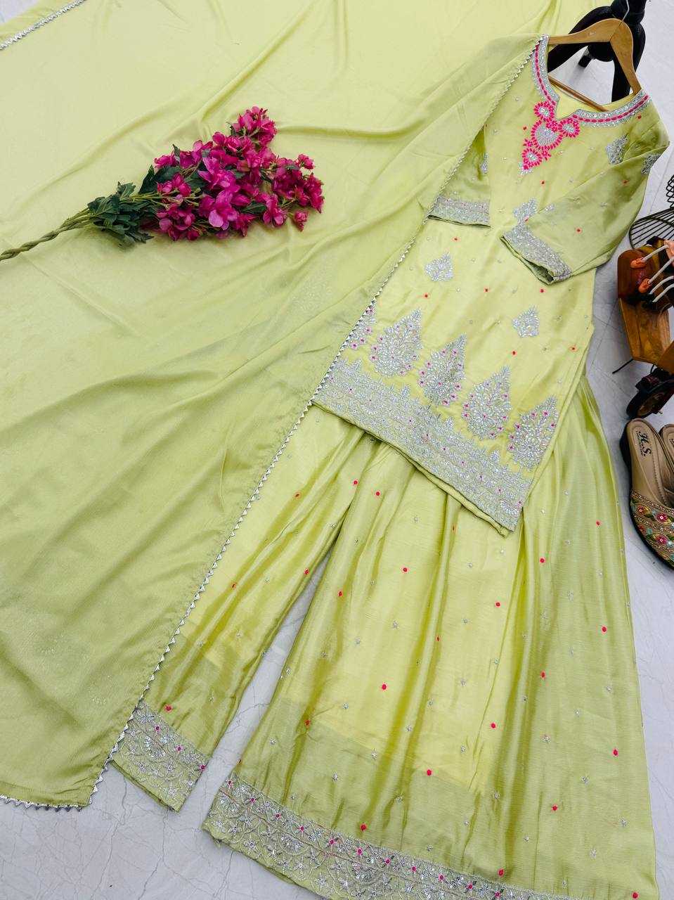 Ynf Chinon Silk KESH158 9023 Suits & Dresses Wedding Collections Festive Collections Wholesale Embroidery Suits Palazzo Suit Ladies Silk Suit Manufacturer