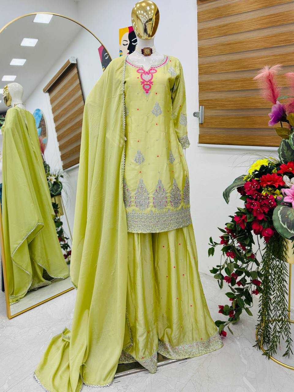 Ynf Chinon Silk KESH158 9023 Suits & Dresses Wedding Collections Festive Collections Wholesale Embroidery Suits Palazzo Suit Ladies Silk Suit Manufacturer