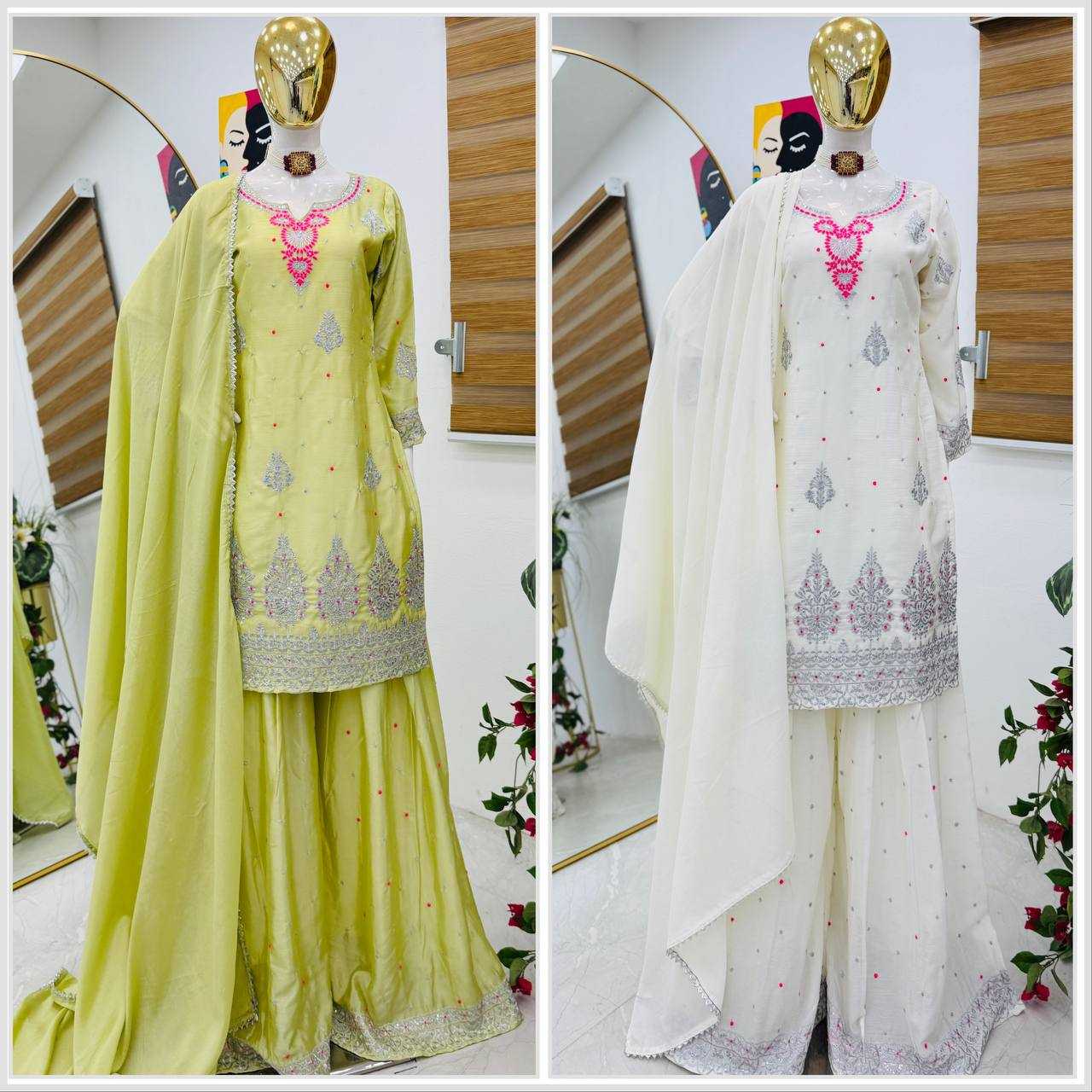 Ynf Chinon Silk KESH158 9023 Suits & Dresses Wedding Collections Festive Collections Wholesale Embroidery Suits Palazzo Suit Ladies Silk Suit Manufacturer