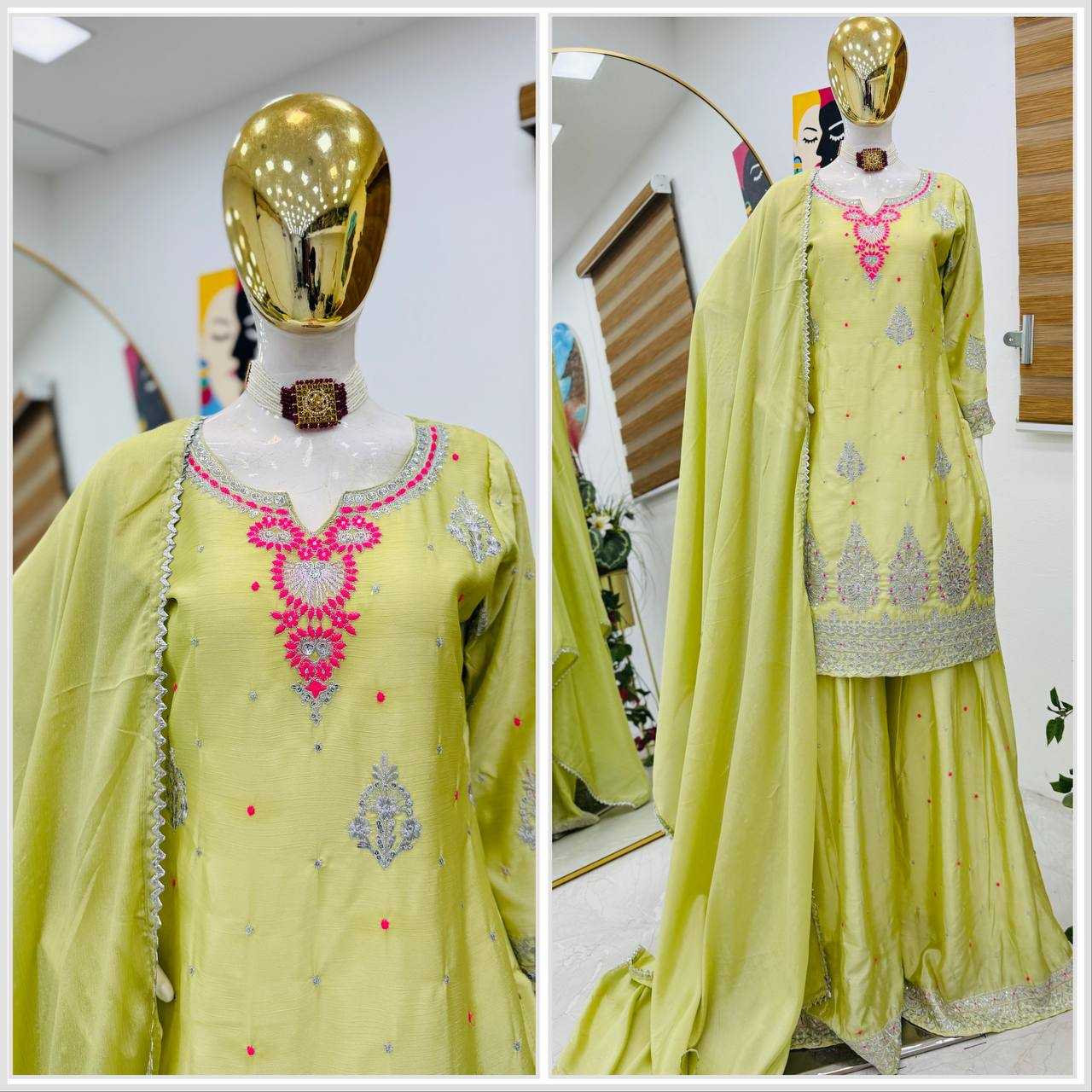Ynf Chinon Silk KESH158 9023 Suits & Dresses Wedding Collections Festive Collections Wholesale Embroidery Suits Palazzo Suit Ladies Silk Suit Manufacturer