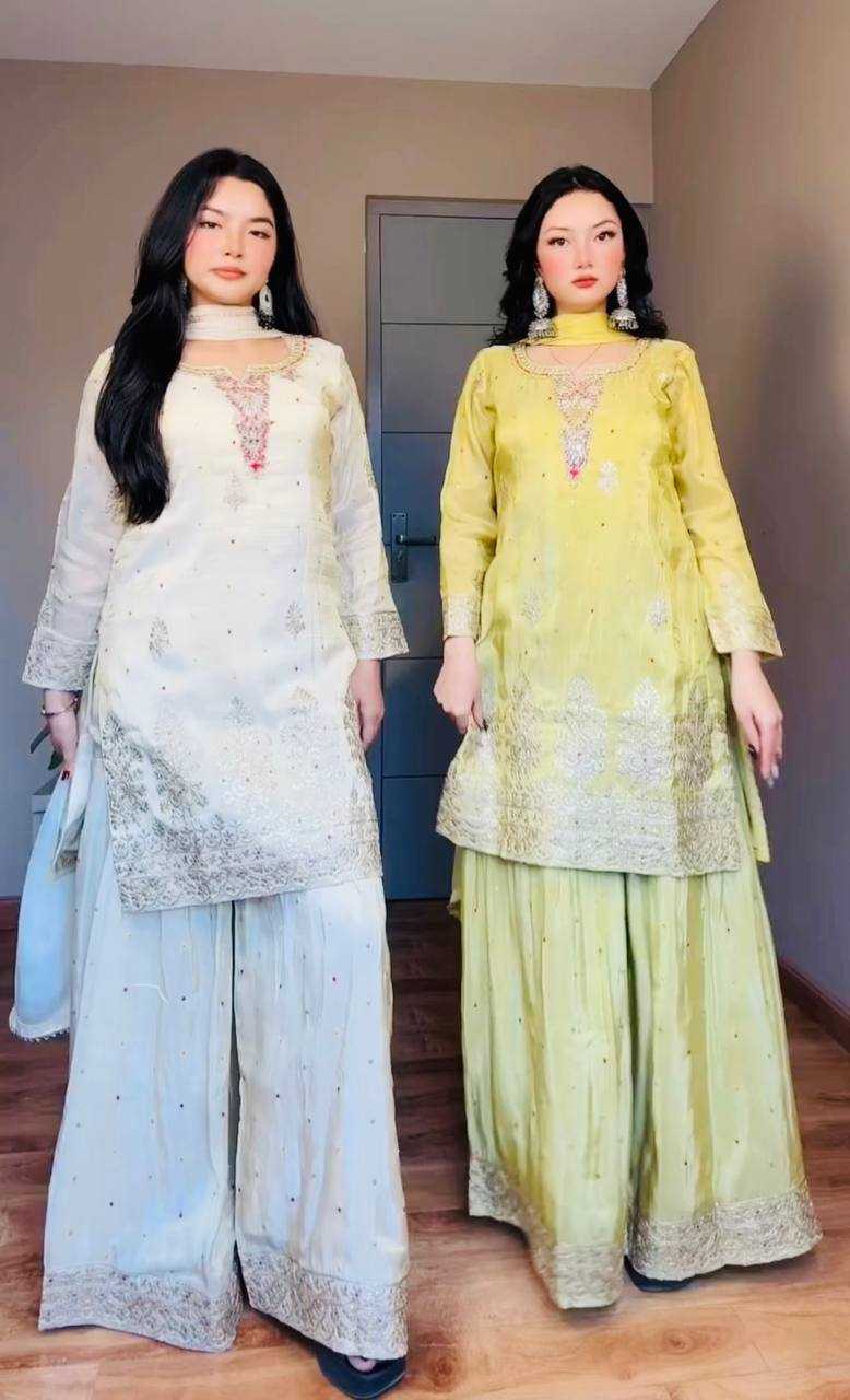 Ynf Chinon Silk KESH158 9023 Suits & Dresses Wedding Collections Festive Collections Wholesale Embroidery Suits Palazzo Suit Ladies Silk Suit Manufacturer
