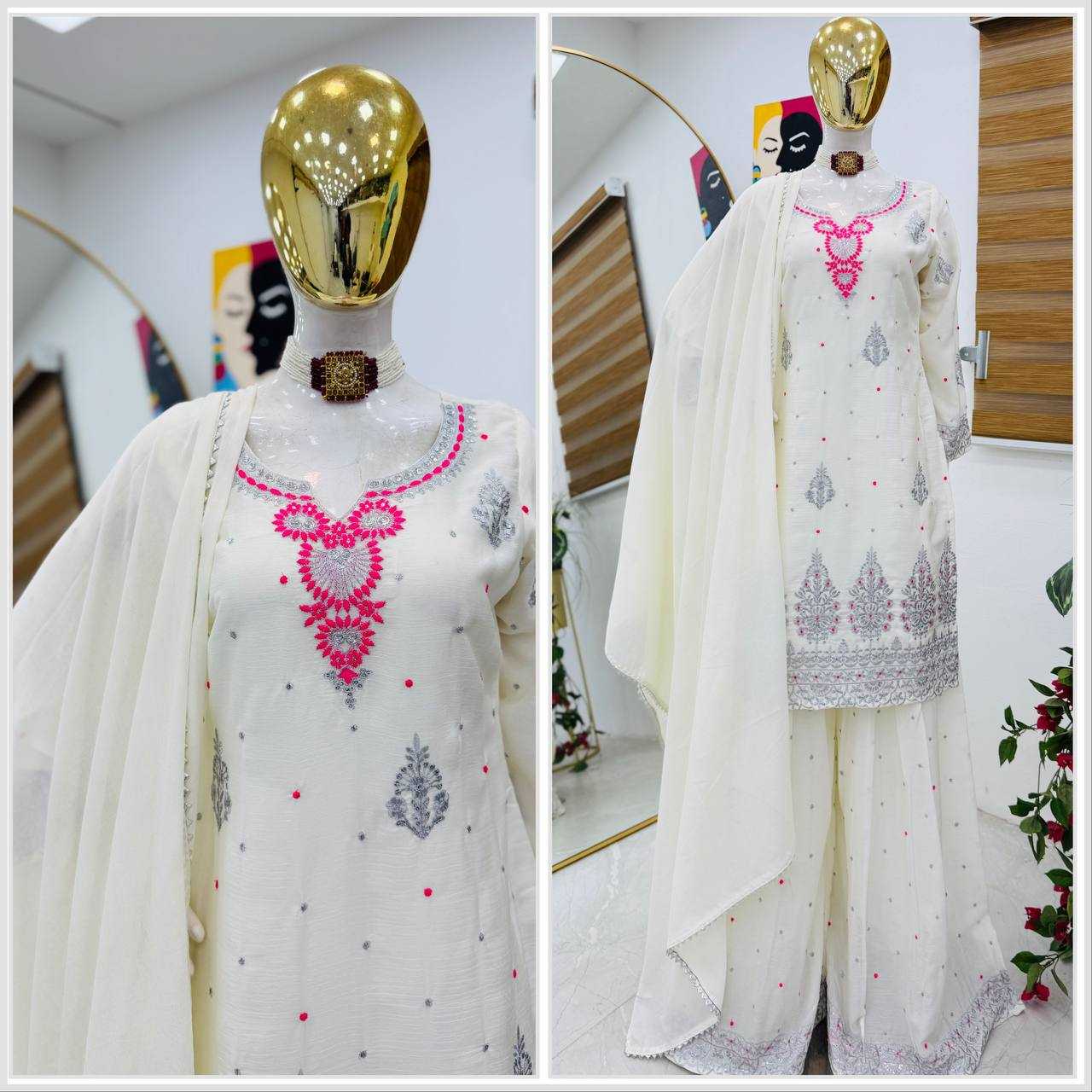 Ynf Chinon Silk KESH158 9023 Suits & Dresses Wedding Collections Festive Collections Wholesale Embroidery Suits Palazzo Suit Ladies Silk Suit Manufacturer