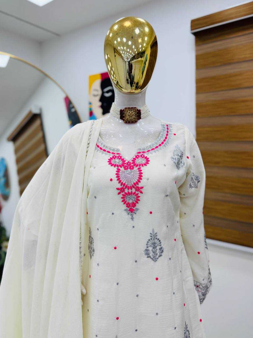Ynf Chinon Silk KESH158 9023 Suits & Dresses Wedding Collections Festive Collections Wholesale Embroidery Suits Palazzo Suit Ladies Silk Suit Manufacturer