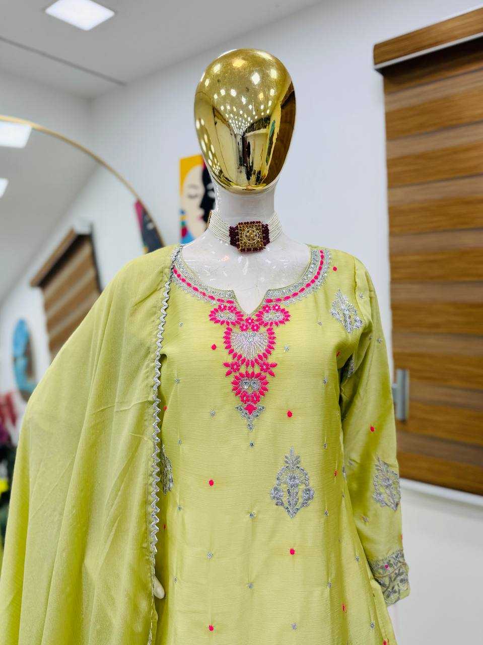 Ynf Chinon Silk KESH158 9023 Suits & Dresses Wedding Collections Festive Collections Wholesale Embroidery Suits Palazzo Suit Ladies Silk Suit Manufacturer