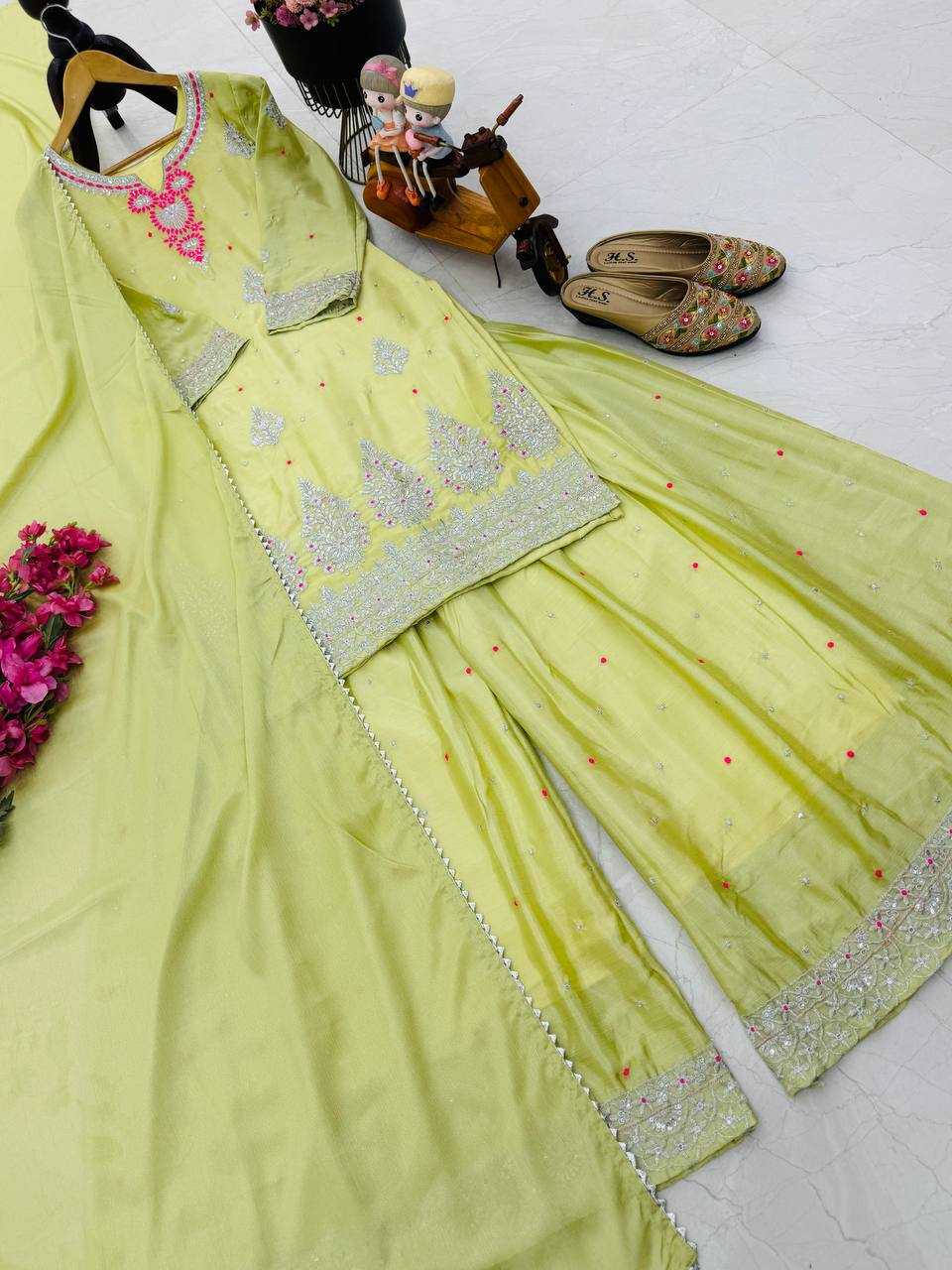 Ynf Chinon Silk KESH158 9023 Suits & Dresses Wedding Collections Festive Collections Wholesale Embroidery Suits Palazzo Suit Ladies Silk Suit Manufacturer
