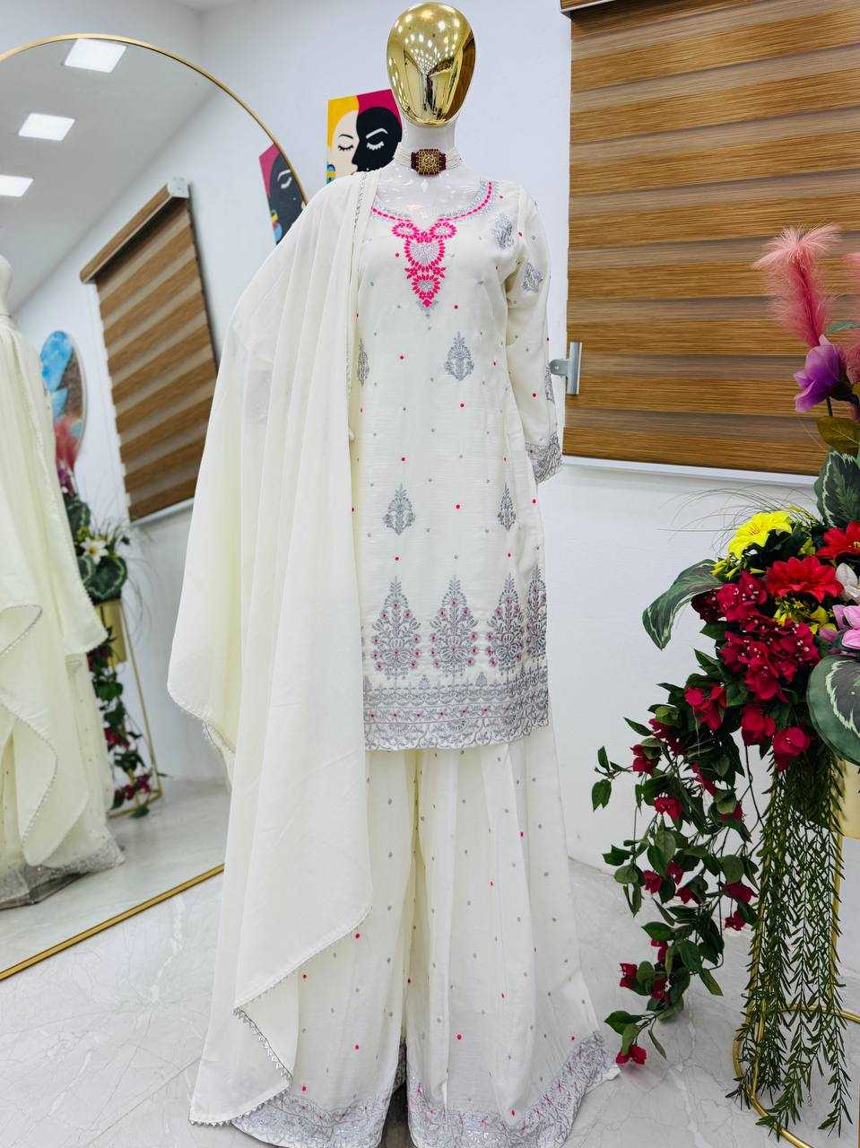 Ynf Chinon Silk KESH158 9023 Suits & Dresses Wedding Collections Festive Collections Wholesale Embroidery Suits Palazzo Suit Ladies Silk Suit Manufacturer