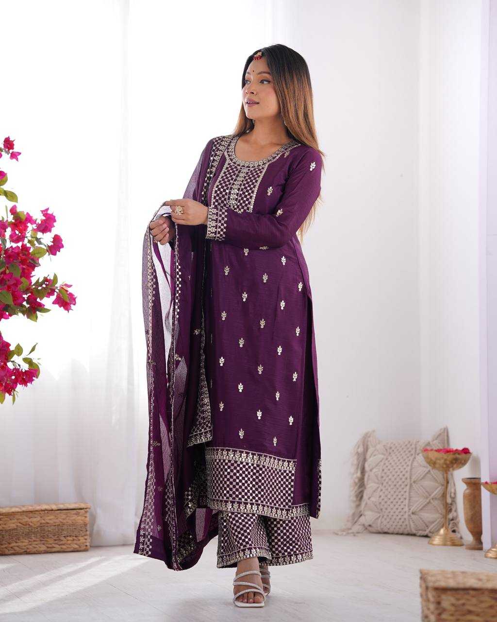Ynf Chinon Silk KESH504 282 Suits & Dresses Wedding Collections Festive Collections Wholesale Embroidery Suits Ladies Silk Suit Wedding Outfits Manufacturer