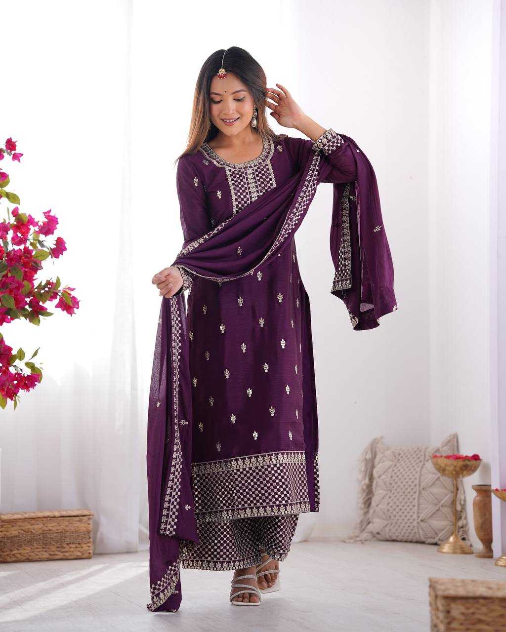 Ynf Chinon Silk KESH504 282 Suits & Dresses Wedding Collections Festive Collections Wholesale Embroidery Suits Ladies Silk Suit Wedding Outfits Manufacturer