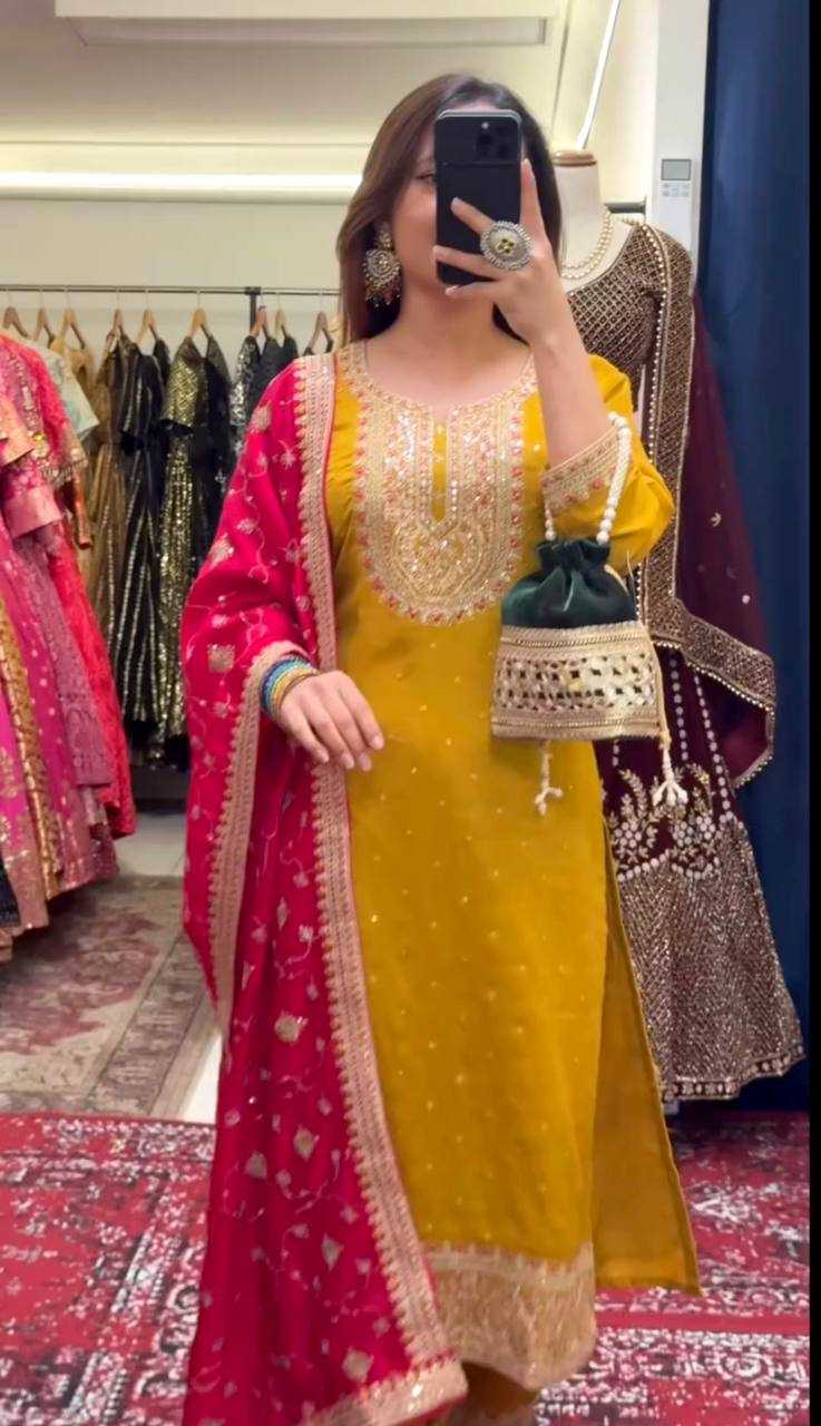 Ynf Chinon Silk KESH506 116 Suits & Dresses Wedding Collections Festive Collections Wholesale Embroidery Suits Ladies Silk Suit Haldi Outfits Manufacturer