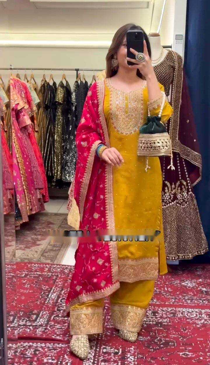Ynf Chinon Silk KESH506 116 Suits & Dresses Wedding Collections Festive Collections Wholesale Embroidery Suits Ladies Silk Suit Haldi Outfits Manufacturer