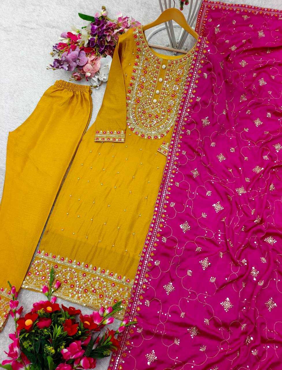 Ynf Chinon Silk KESH506 116 Suits & Dresses Wedding Collections Festive Collections Wholesale Embroidery Suits Ladies Silk Suit Haldi Outfits Manufacturer