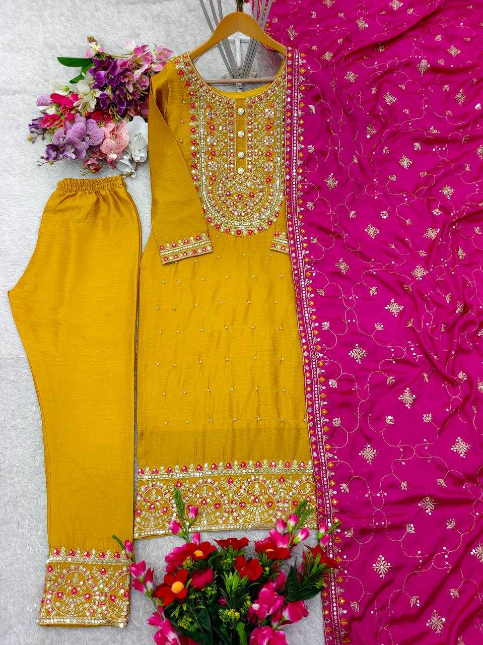 Ynf Chinon Silk KESH506 116 Suits & Dresses Wedding Collections Festive Collections Wholesale Embroidery Suits Ladies Silk Suit Haldi Outfits Manufacturer