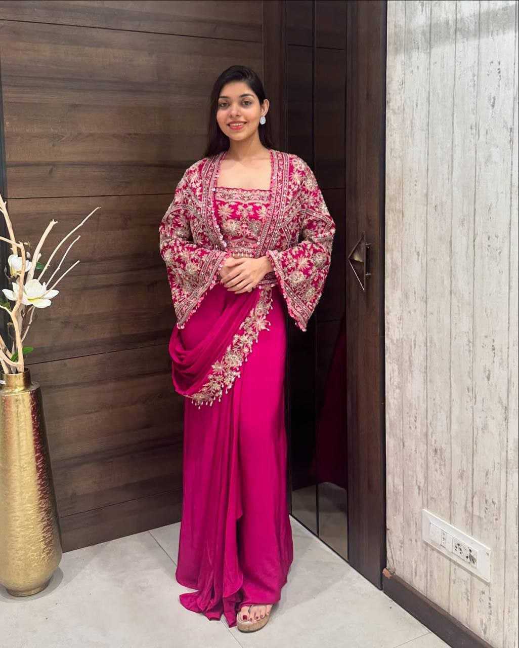 Ynf Chinon Silk KESH516 9250 Sarees Wholesale Ready To Wear Sarees Party Wear Sarees Fancy Sarees Embroidered Sarees Saree with Jacket Manufacturer