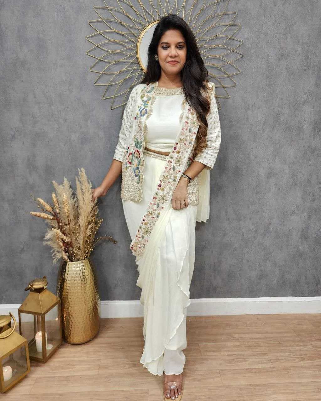 Ynf Chinon Silk KESH516 9256 Sarees Wholesale Ready To Wear Sarees Party Wear Sarees Fancy Sarees Sequence Sarees Embroidered Sarees Saree with Jacket Manufacturer