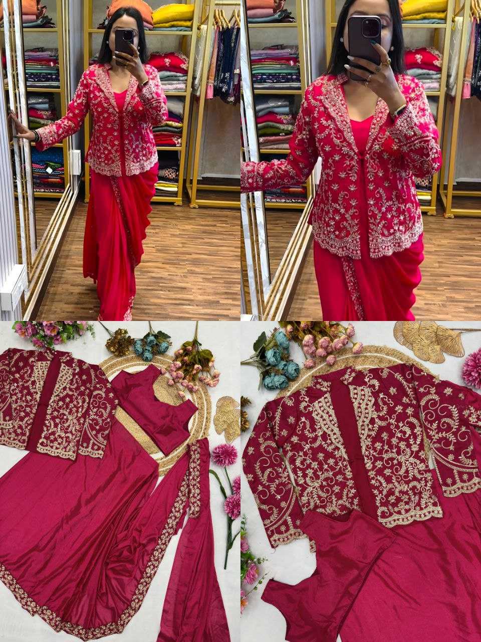 Ynf Chinon Silk KESH516 9259 Sarees Wholesale Ready To Wear Sarees Party Wear Sarees Fancy Sarees Saree with Jacket Manufacturer