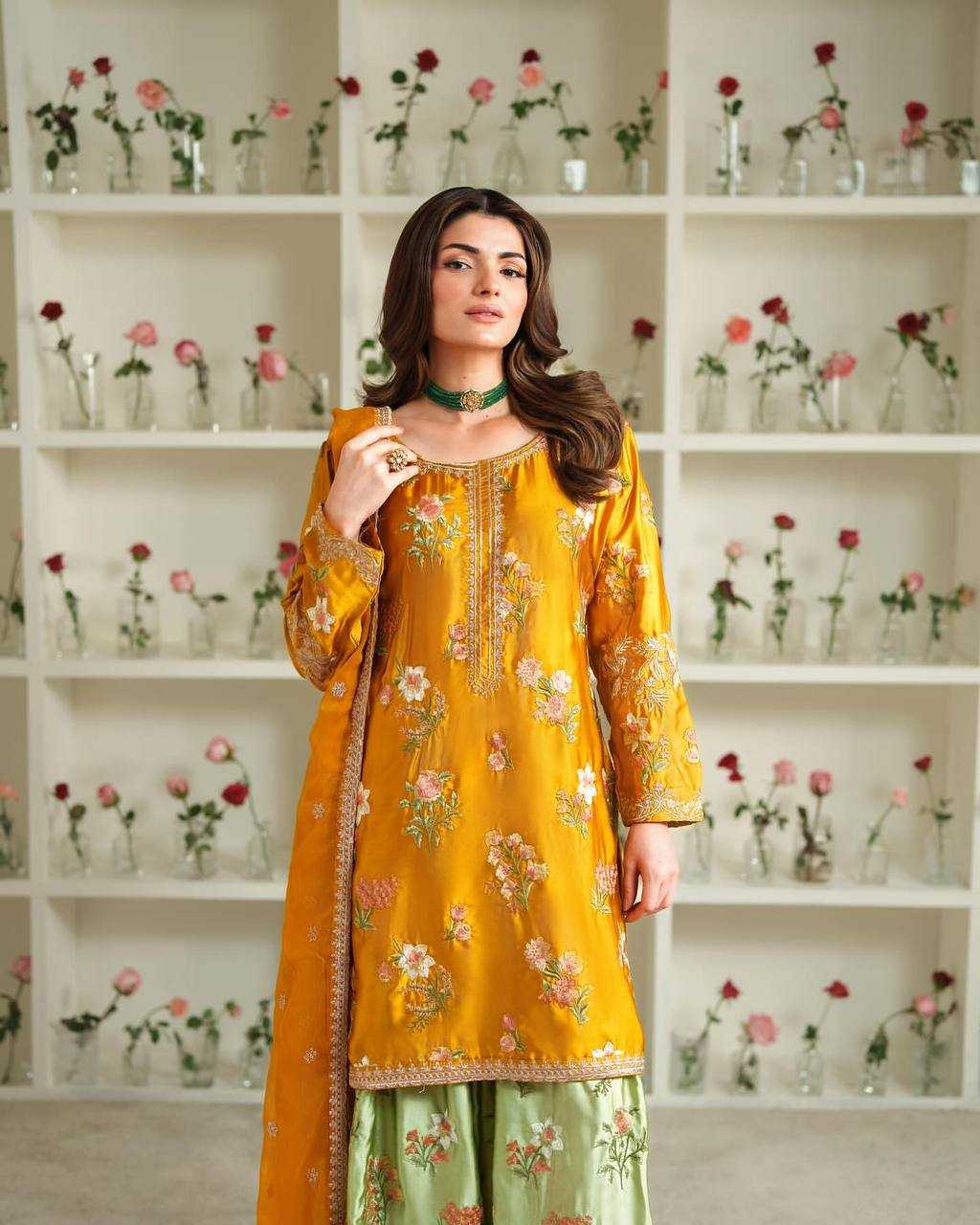 Ynf Crepe Silk KESH499 861 Suits & Dresses Wholesale Sharara Salwar Suits Party wear suits Yellow Salwar Suit Manufacturer