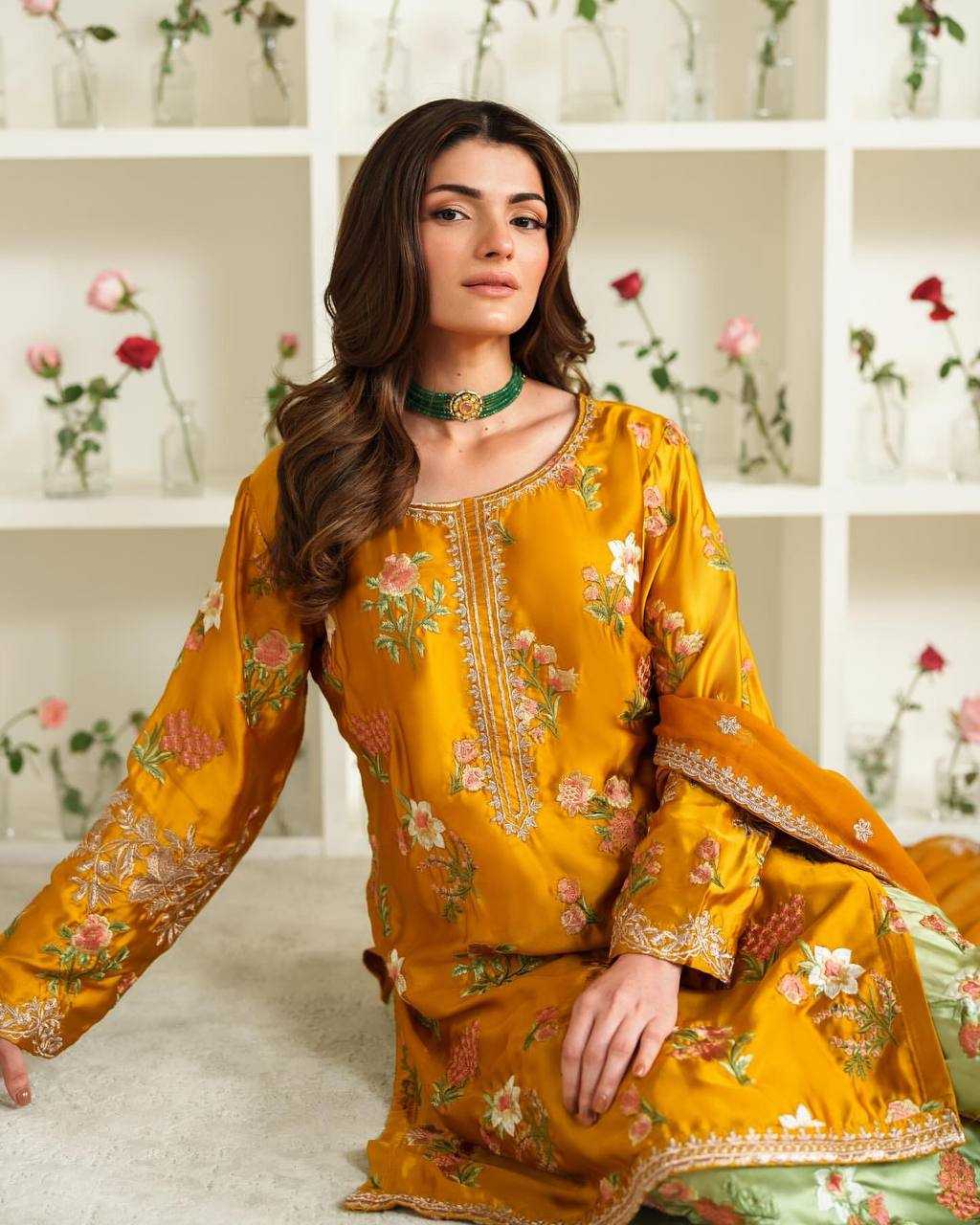 Ynf Crepe Silk KESH499 861 Suits & Dresses Wholesale Sharara Salwar Suits Party wear suits Yellow Salwar Suit Manufacturer