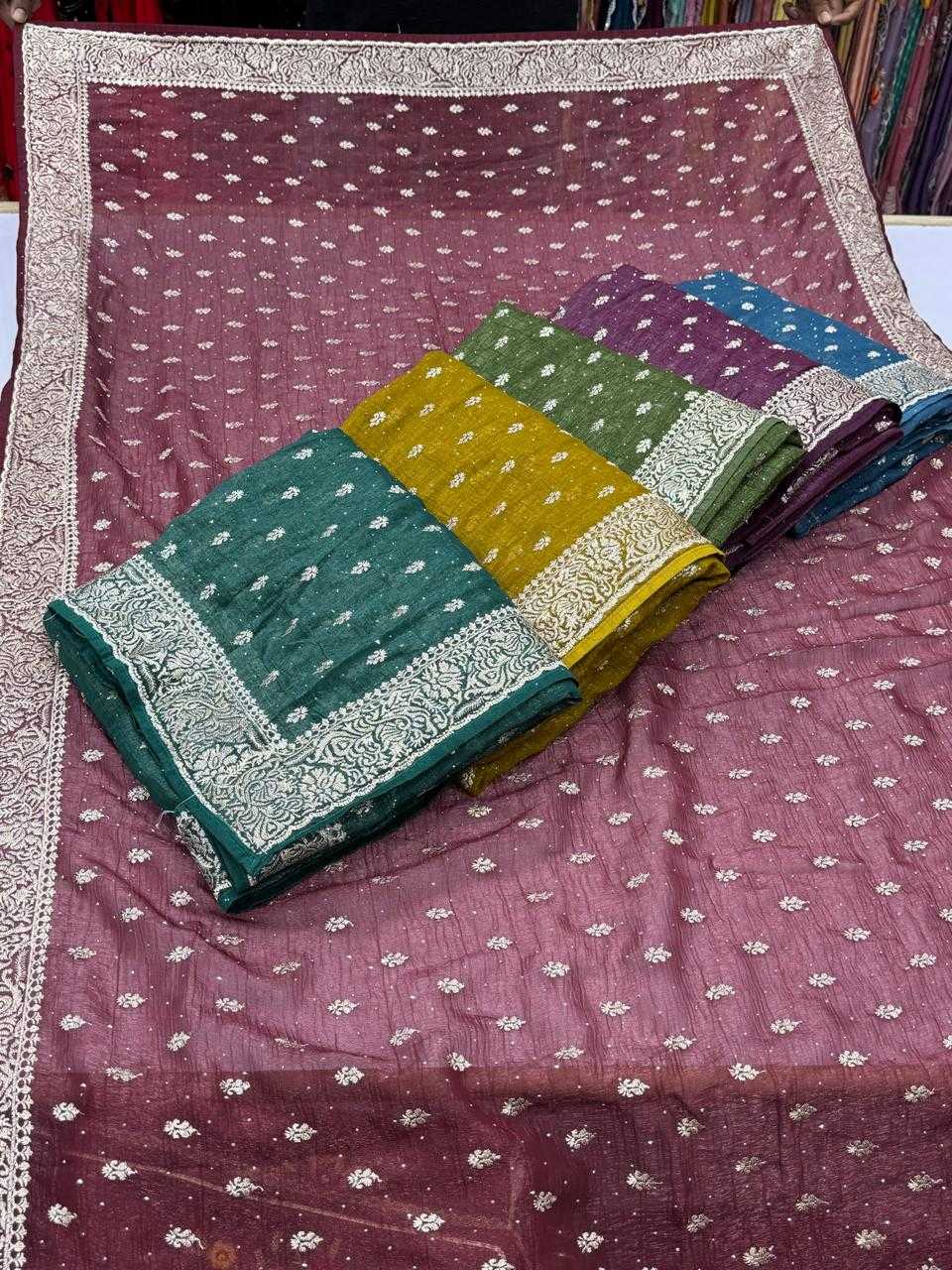 Ynf Crunchi KESH114 3783 Sarees Wedding Collections Festive Collections Wholesale Embroidered Sarees Stone Work Saree Zari Border Sarees Manufacturer