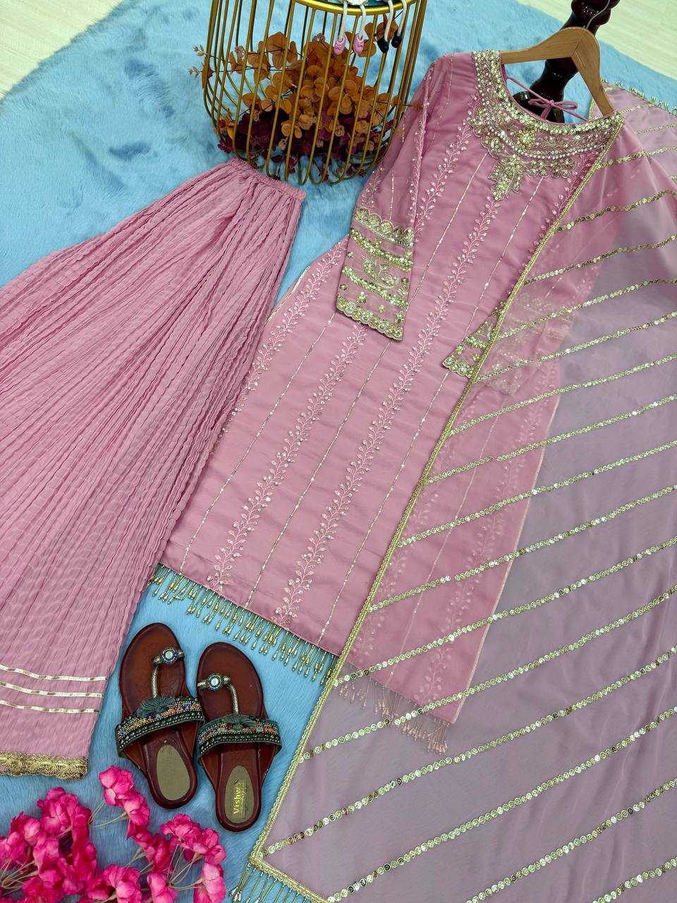 Ynf Faux Georgette KESH141 207 Suits & Dresses Wedding Collections Festive Collections Wholesale Embroidery Suits Palazzo Suit Georgette Suit Manufacturer