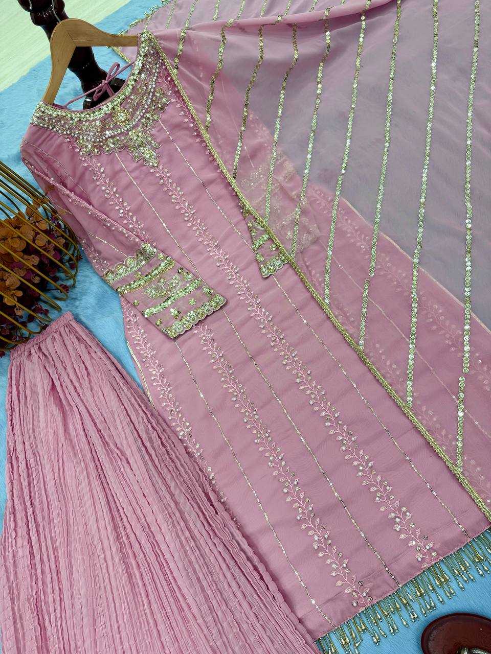 Ynf Faux Georgette KESH141 207 Suits & Dresses Wedding Collections Festive Collections Wholesale Embroidery Suits Palazzo Suit Georgette Suit Manufacturer