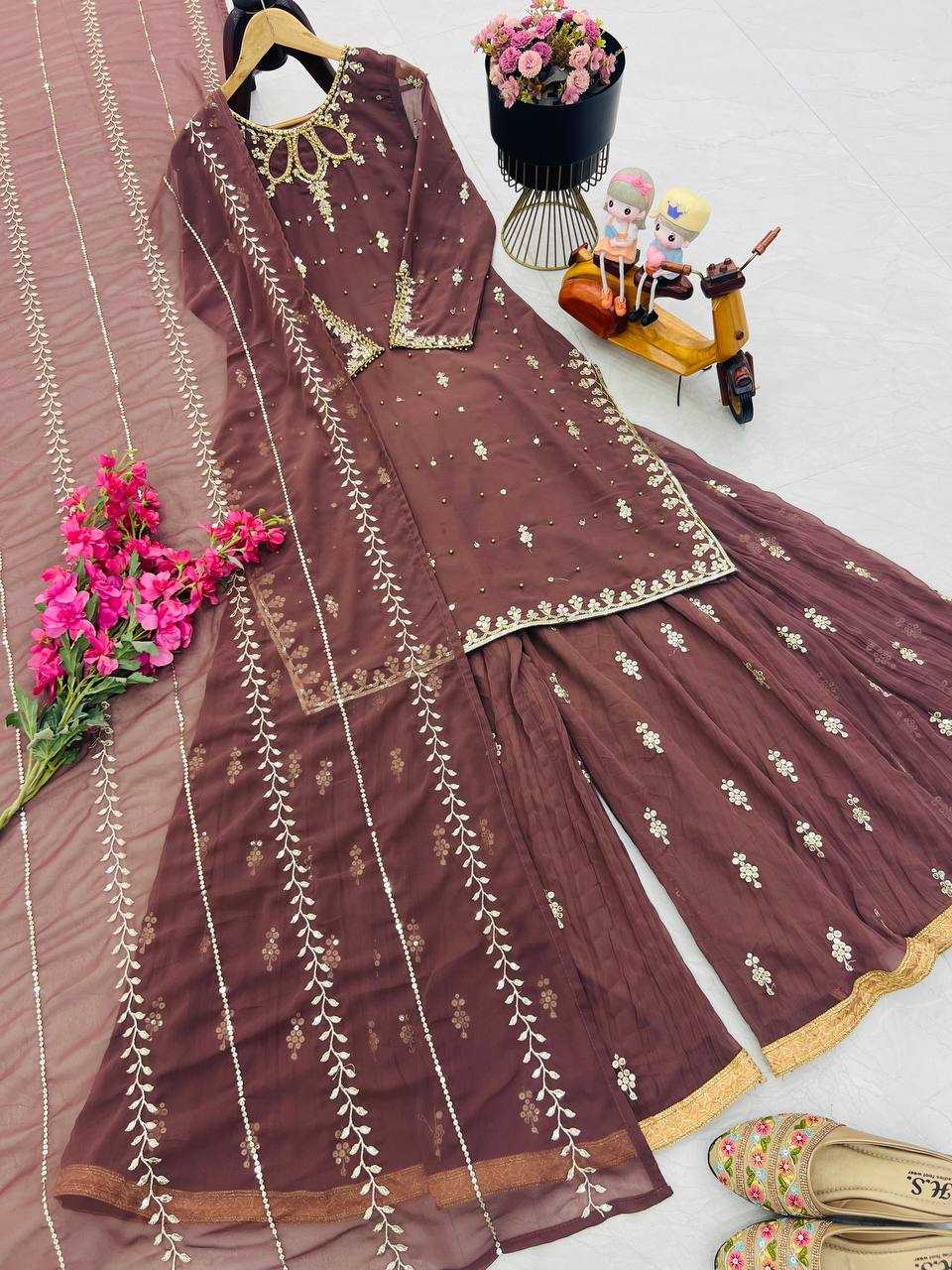 Ynf Faux Georgette KESH158 10098 Suits & Dresses Wedding Collections Festive Collections Wholesale Embroidery Suits Palazzo Suit Georgette Suit Manufacturer