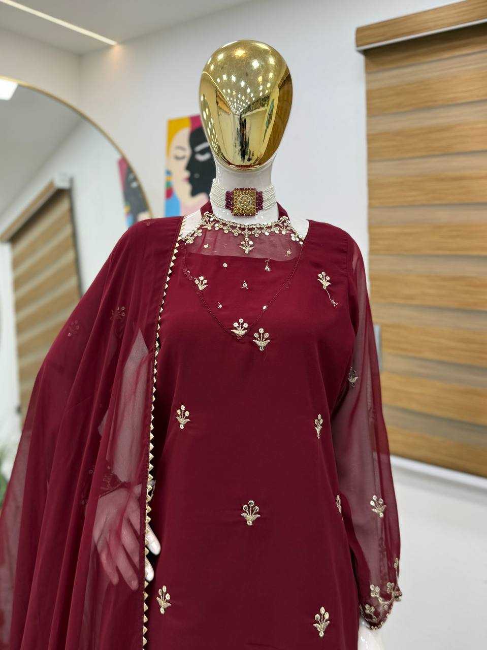 Ynf Faux Georgette KESH158 10102 Suits & Dresses Wedding Collections Festive Collections Wholesale Embroidery Suits Palazzo Suit Georgette Suit Manufacturer