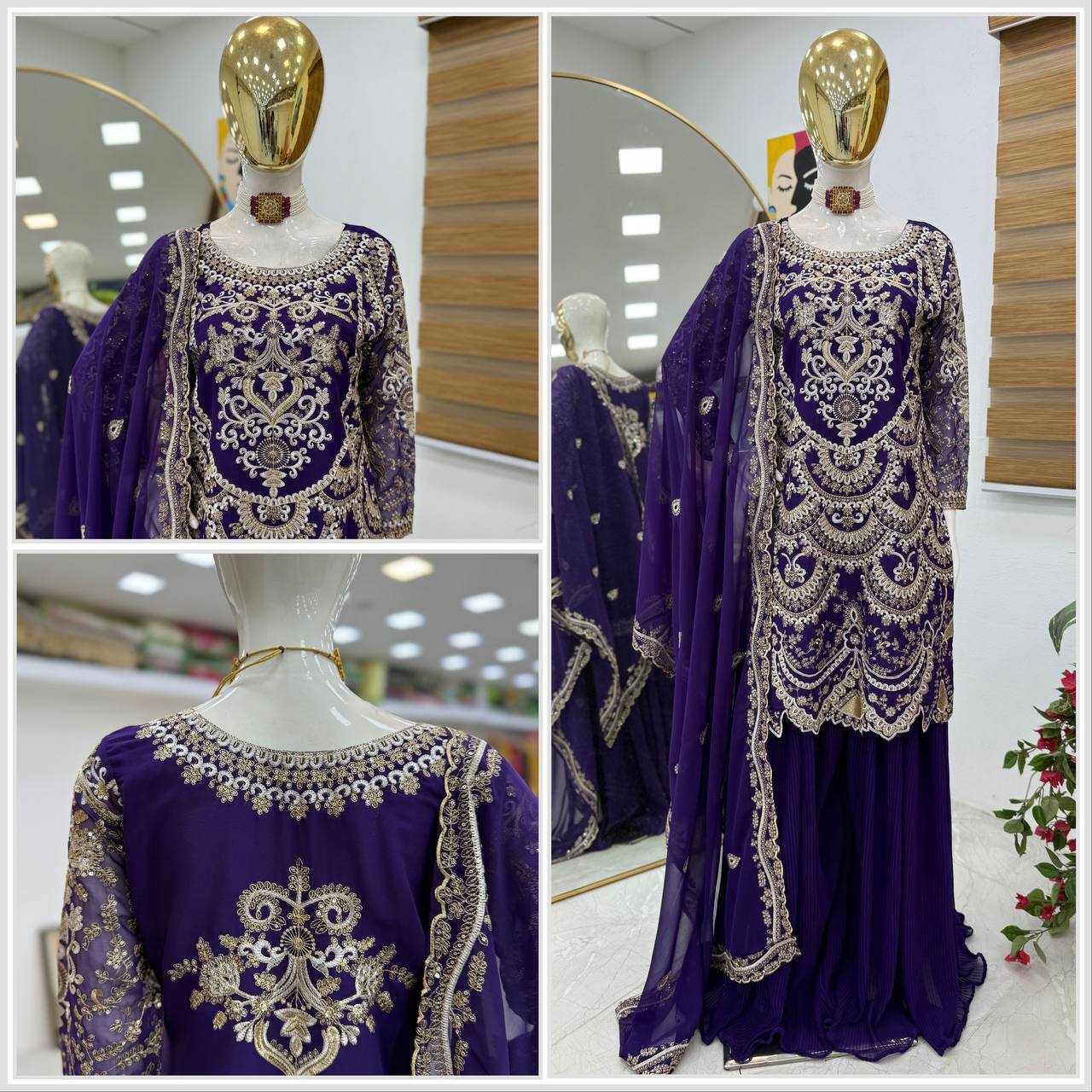 Ynf Faux Georgette KESH158 9019 Suits & Dresses Wedding Collections Festive Collections Wholesale Embroidery Suits Palazzo Suit Georgette Suit Manufacturer