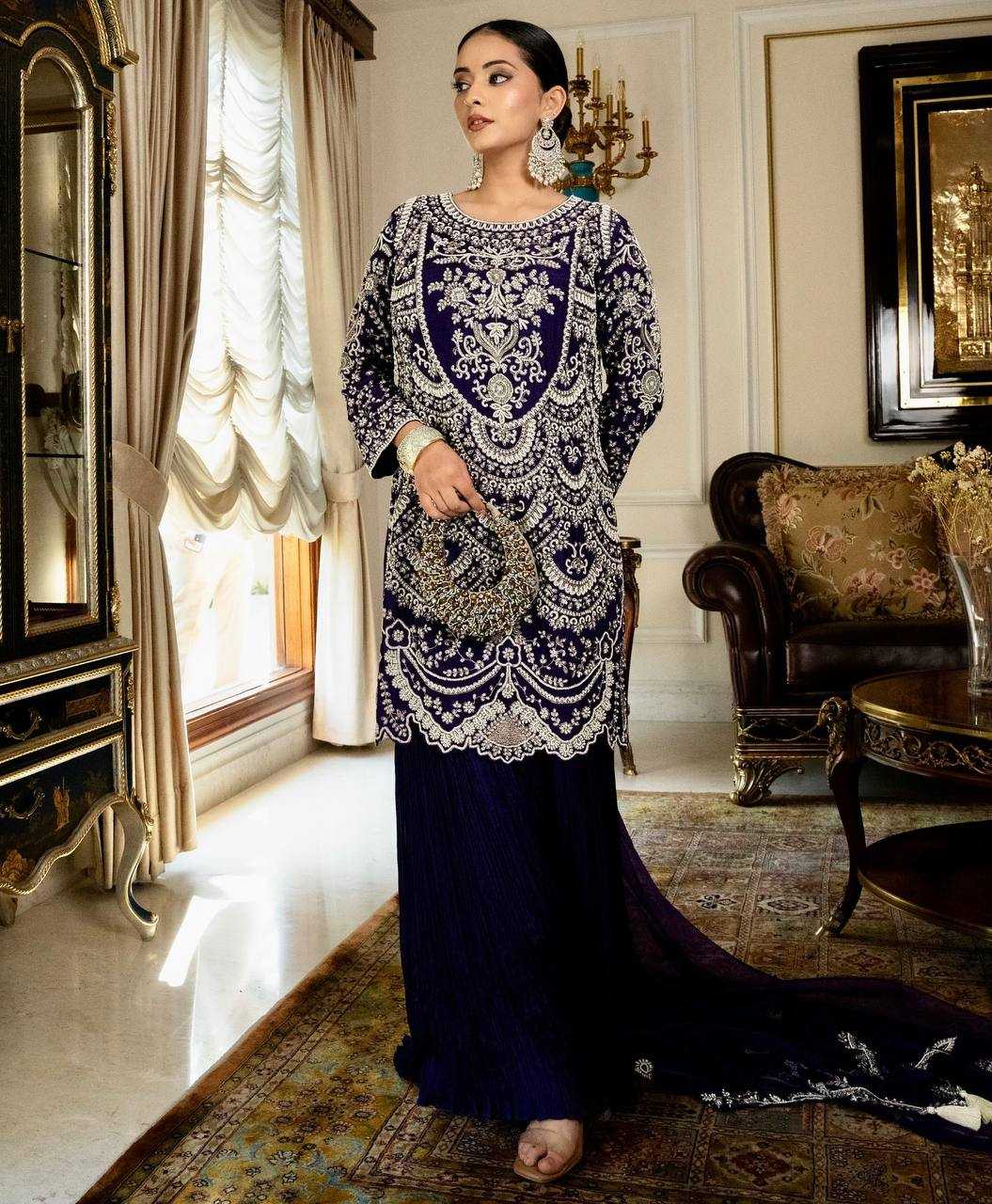 Ynf Faux Georgette KESH158 9019 Suits & Dresses Wedding Collections Festive Collections Wholesale Embroidery Suits Palazzo Suit Georgette Suit Manufacturer