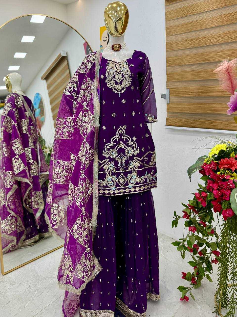 Ynf Faux Georgette KESH158 9025-1 Suits & Dresses Wedding Collections Festive Collections Wholesale Embroidery Suits Palazzo Suit Georgette Suit Manufacturer