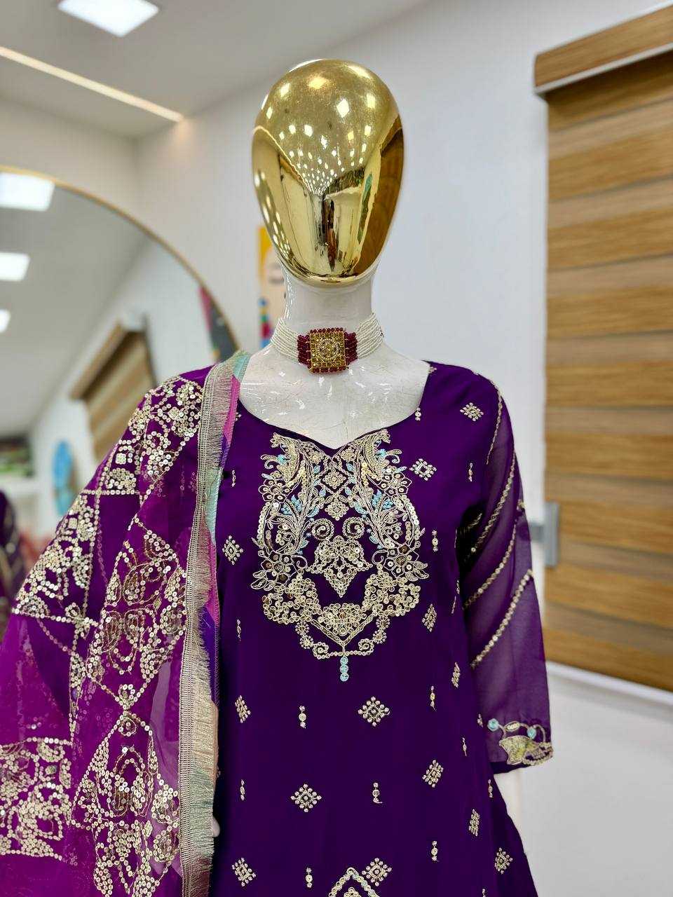 Ynf Faux Georgette KESH158 9025-1 Suits & Dresses Wedding Collections Festive Collections Wholesale Embroidery Suits Palazzo Suit Georgette Suit Manufacturer