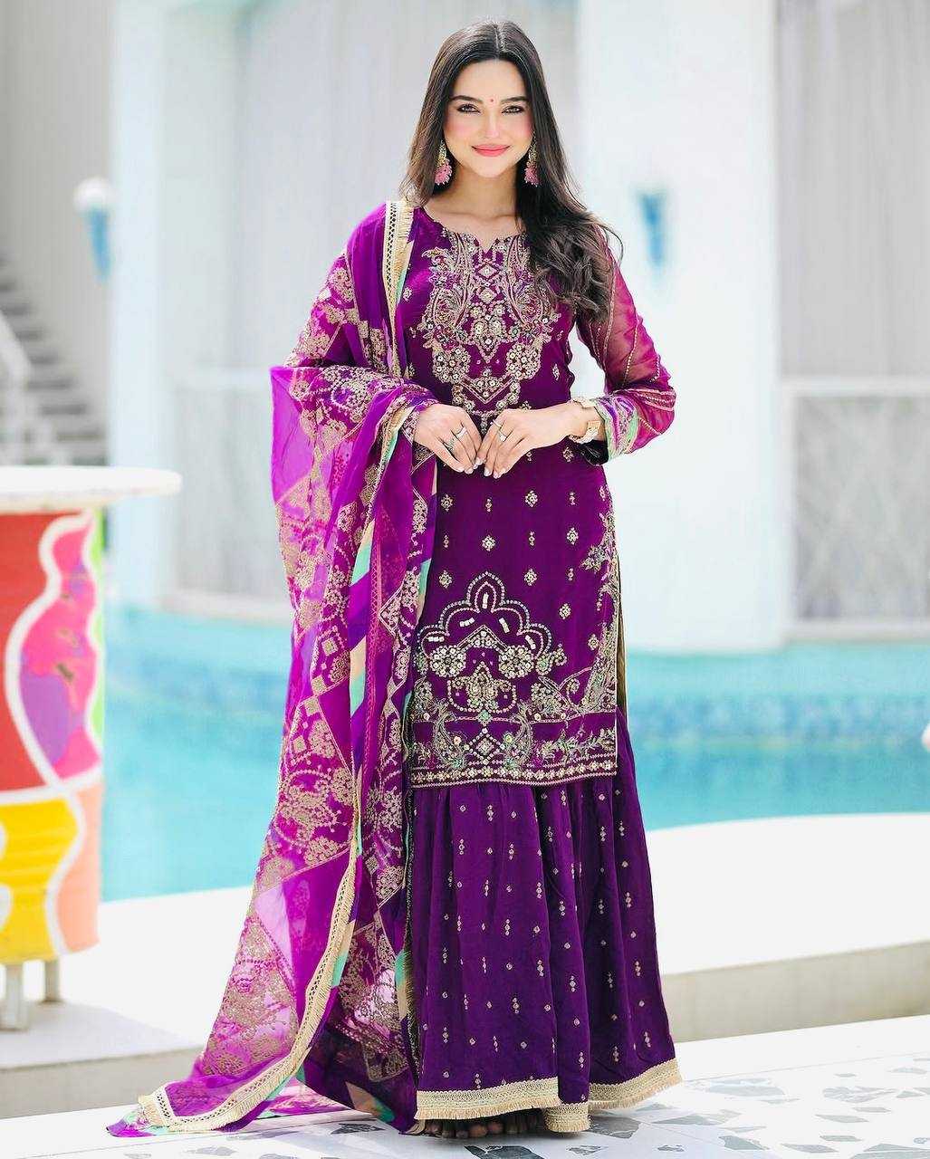 Ynf Faux Georgette KESH158 9025-1 Suits & Dresses Wedding Collections Festive Collections Wholesale Embroidery Suits Palazzo Suit Georgette Suit Manufacturer