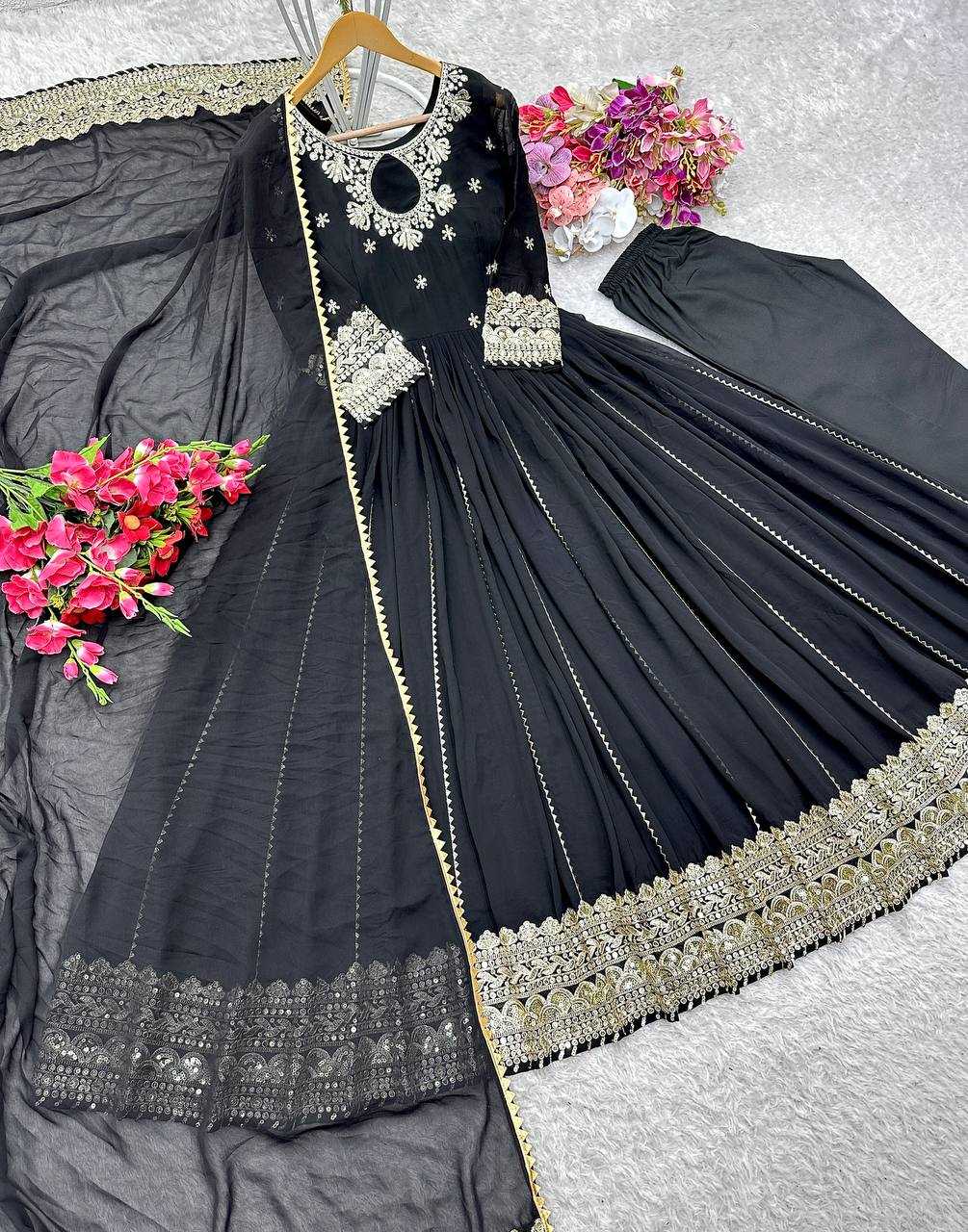 Ynf Faux Georgette KESH506 1160 Gowns Wedding Collections Festive Collections Wholesale Embroidery Gowns Georgette Gown Black Gown Manufacturer