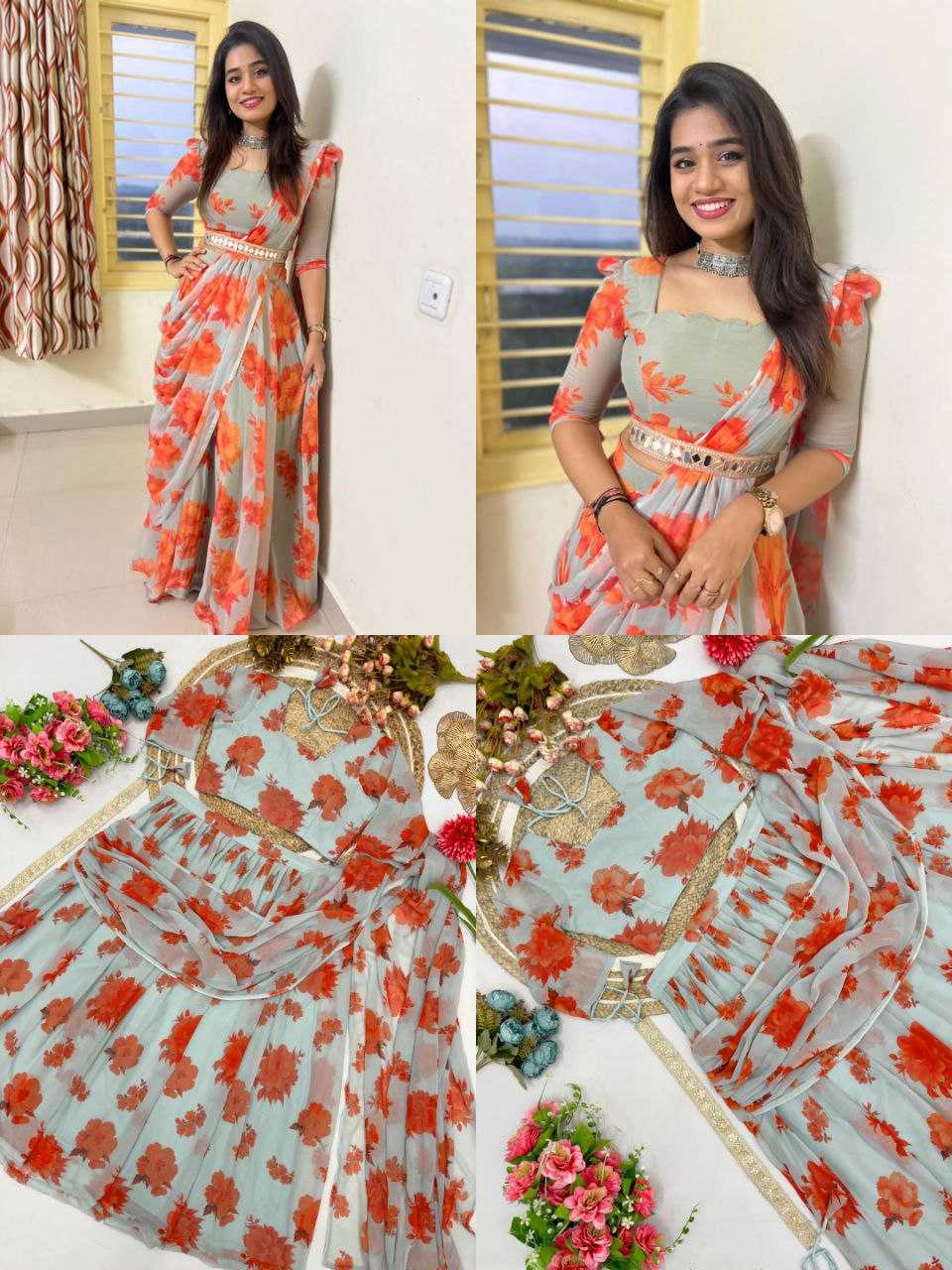 Ynf Faux Georgette KESH516 9261 Sarees Wholesale Party Wear Sarees Fancy Sarees Printed Sarees Lehenga Sarees Saree with Belt Manufacturer