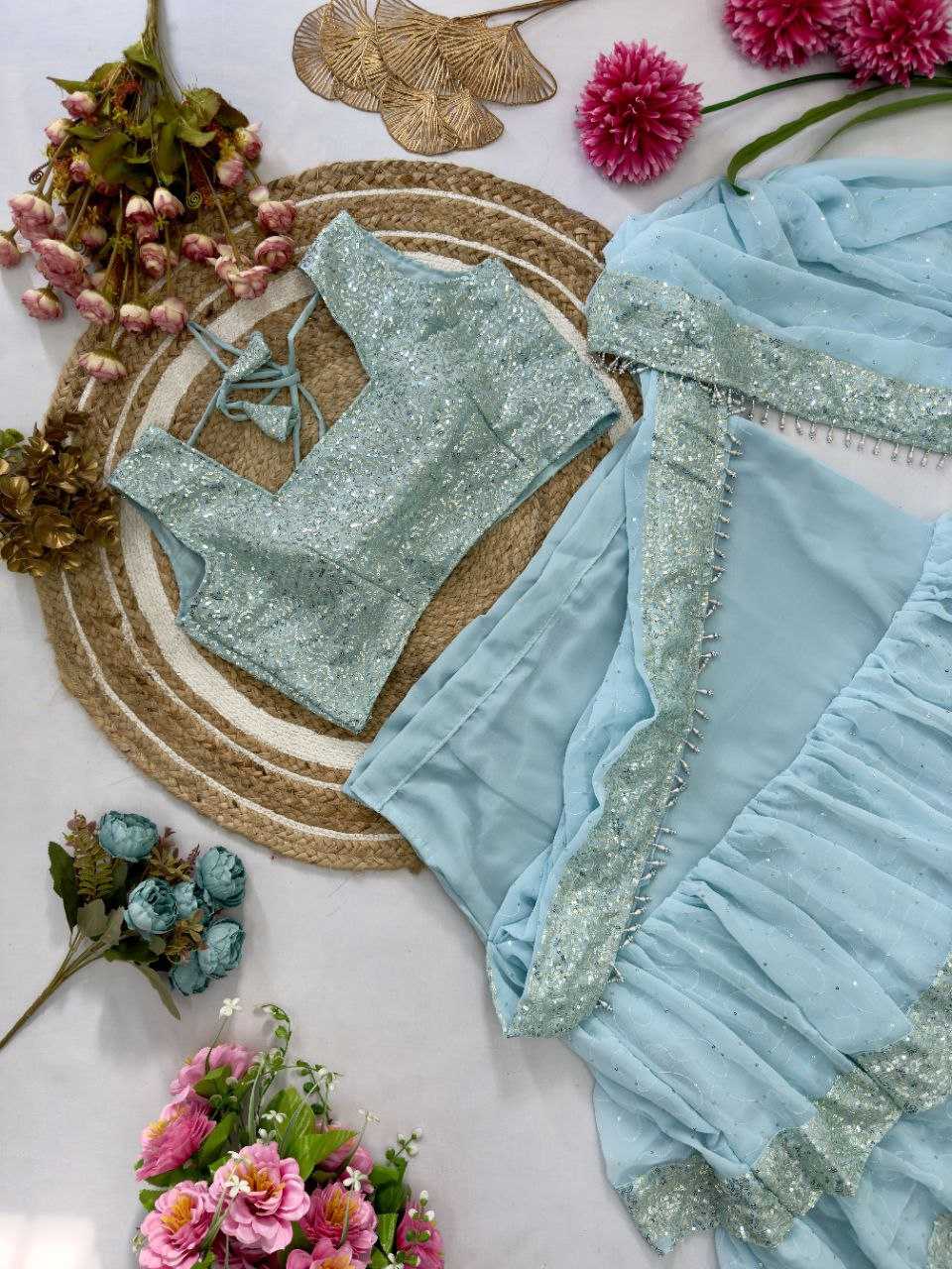 Ynf Faux Georgette KESH516 Sarees Wholesale Ready To Wear Sarees Party Wear Sarees Fancy Sarees Lehenga Sarees Sequence Sarees Embroidered Sarees Manufacturer