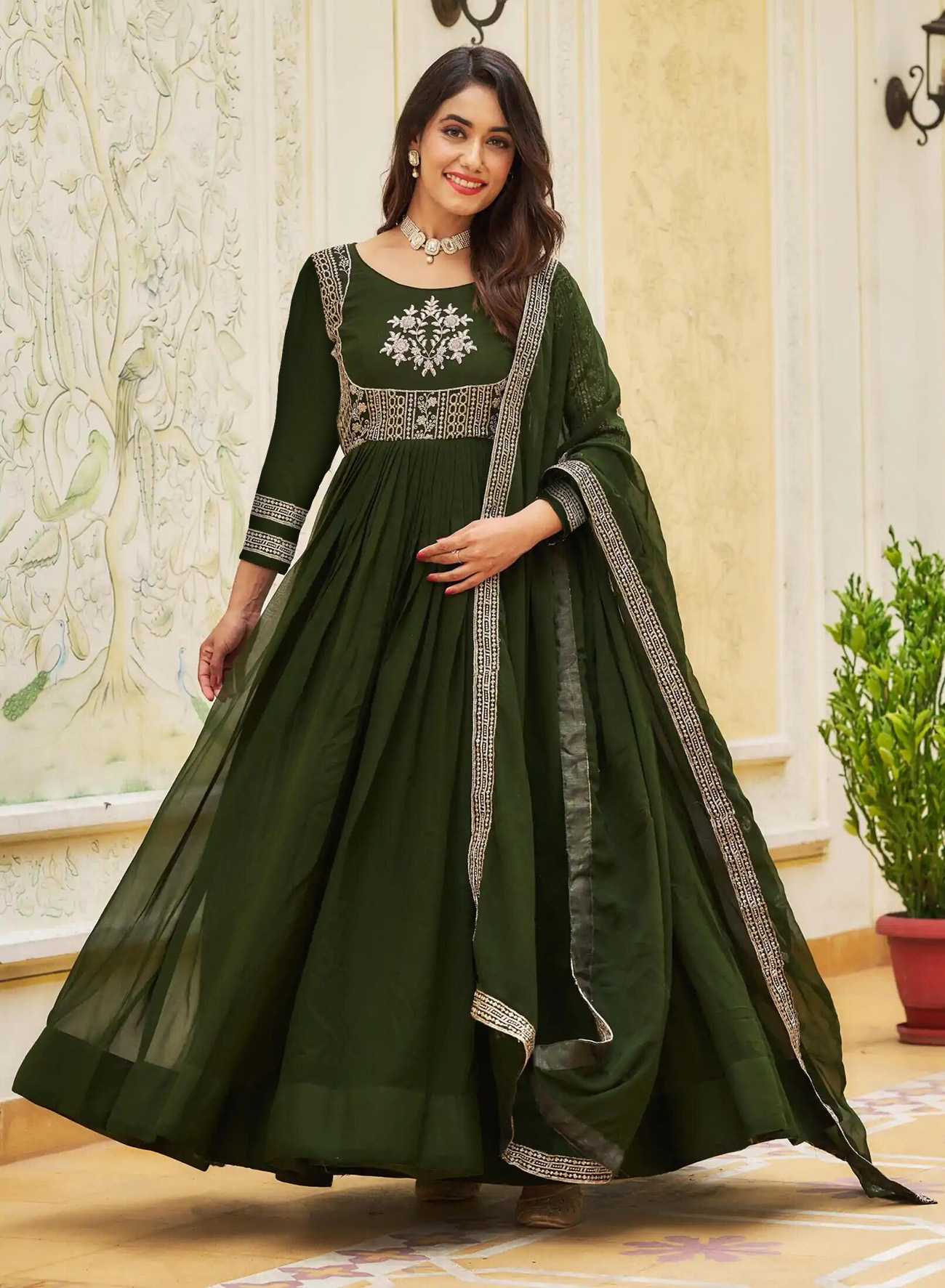Ynf Georgette KESH334 Mehandi Khanak Gown Gowns Wholesale Fancy Gowns Embroidery Gowns Bridal Gowns Manufacturer