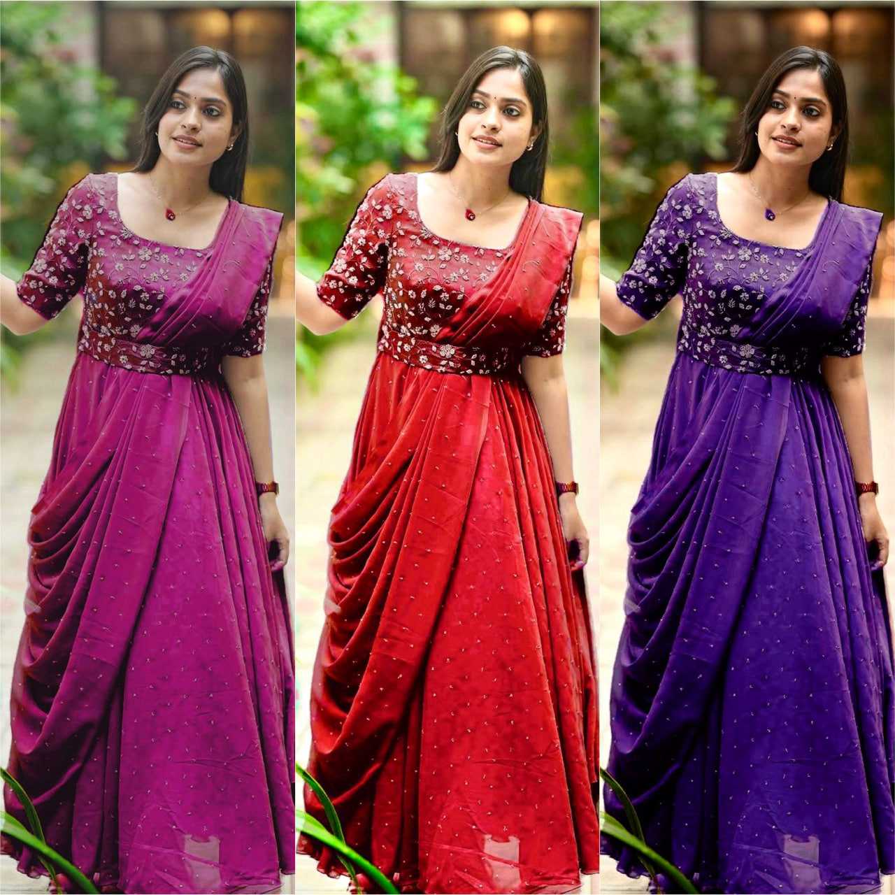 Ynf Georgette KESH492 207 Gowns Wedding Collections Festive Collections Wholesale Georgette Gown Embroidered Gown Gown With Belt Manufacturer