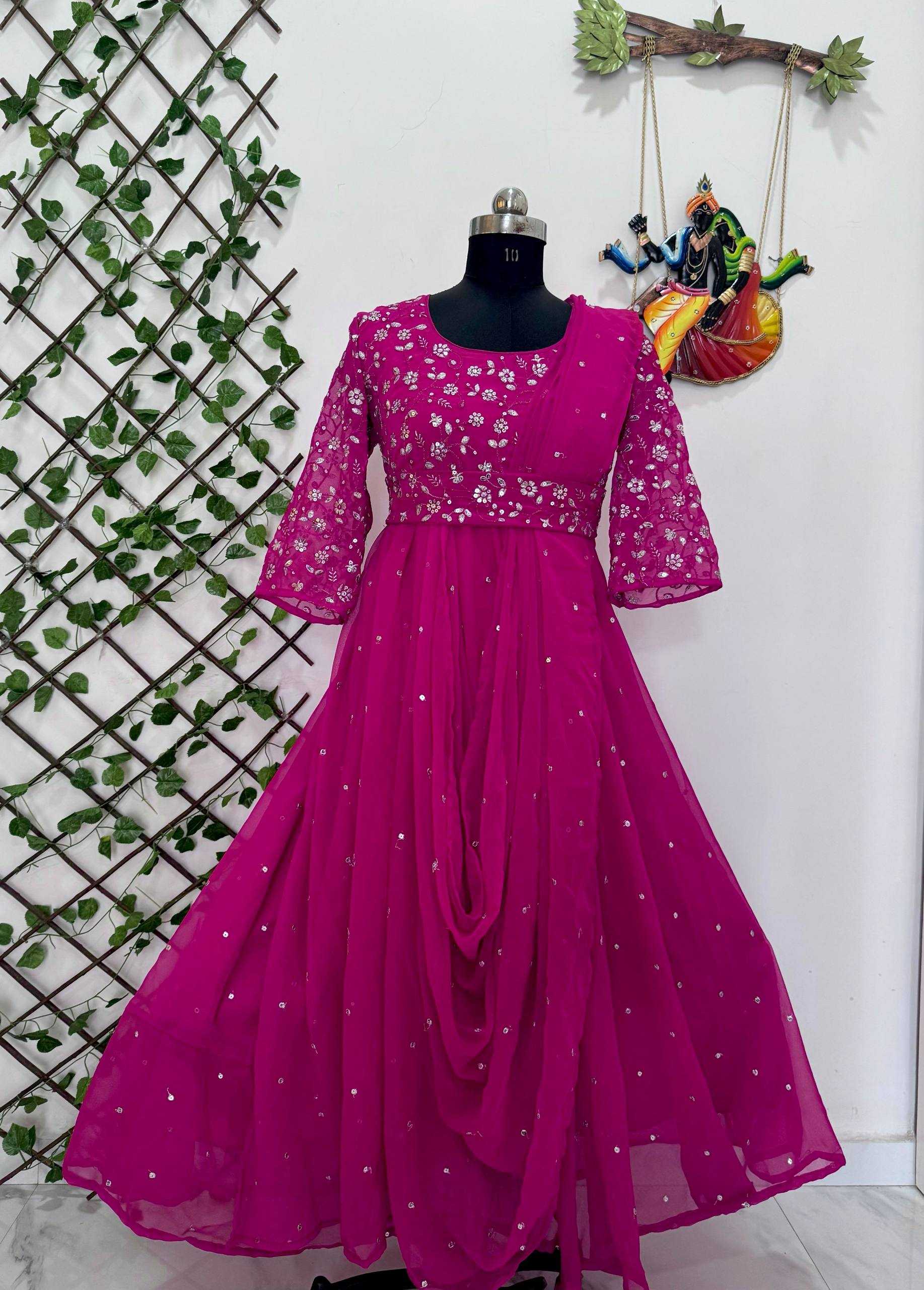 Ynf Georgette KESH492 207 Gowns Wedding Collections Festive Collections Wholesale Georgette Gown Embroidered Gown Gown With Belt Manufacturer