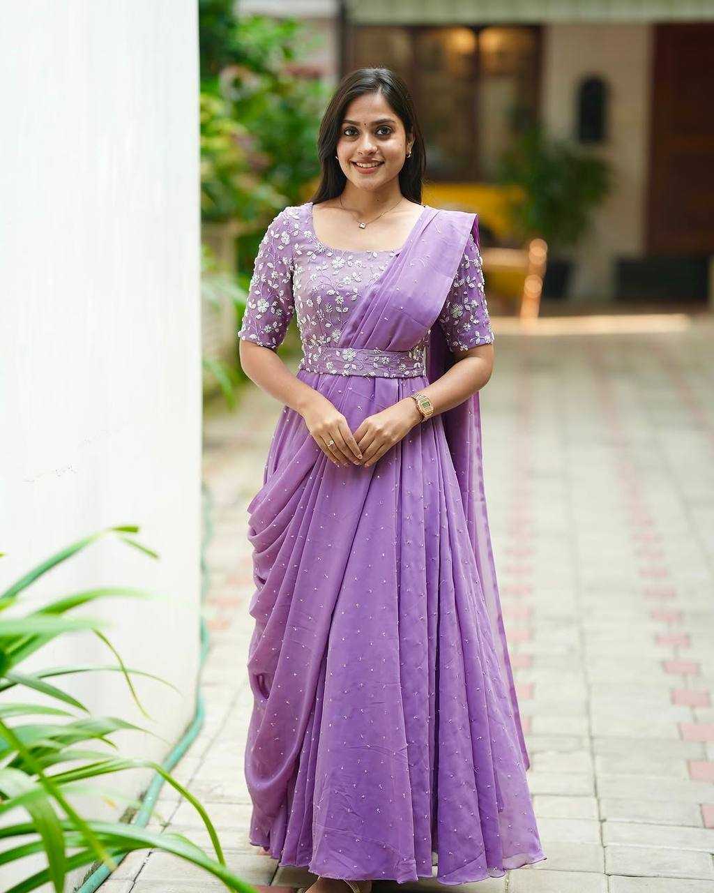Ynf Georgette KESH492 207 Gowns Wedding Collections Festive Collections Wholesale Georgette Gown Embroidered Gown Gown With Belt Manufacturer