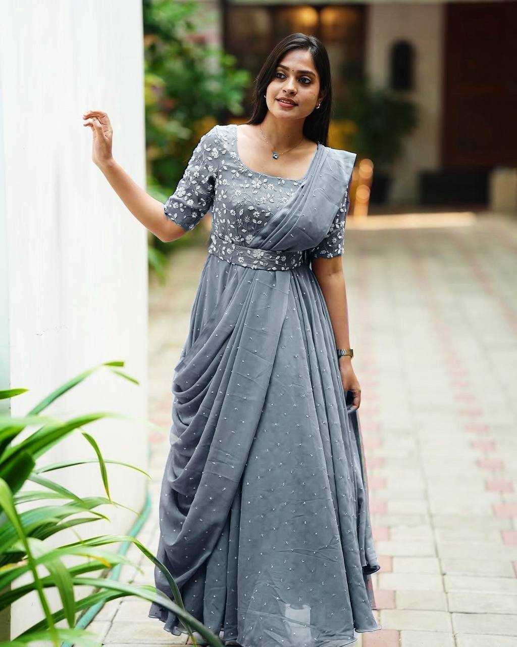 Ynf Georgette KESH492 207 Gowns Wedding Collections Festive Collections Wholesale Georgette Gown Embroidered Gown Gown With Belt Manufacturer